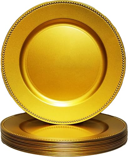 Platos de carga de borde con cuentas de plástico dorado para decoración, 12 piezas redondas de 13 pulgadas, incluye 2 manteles blancos, buenos para