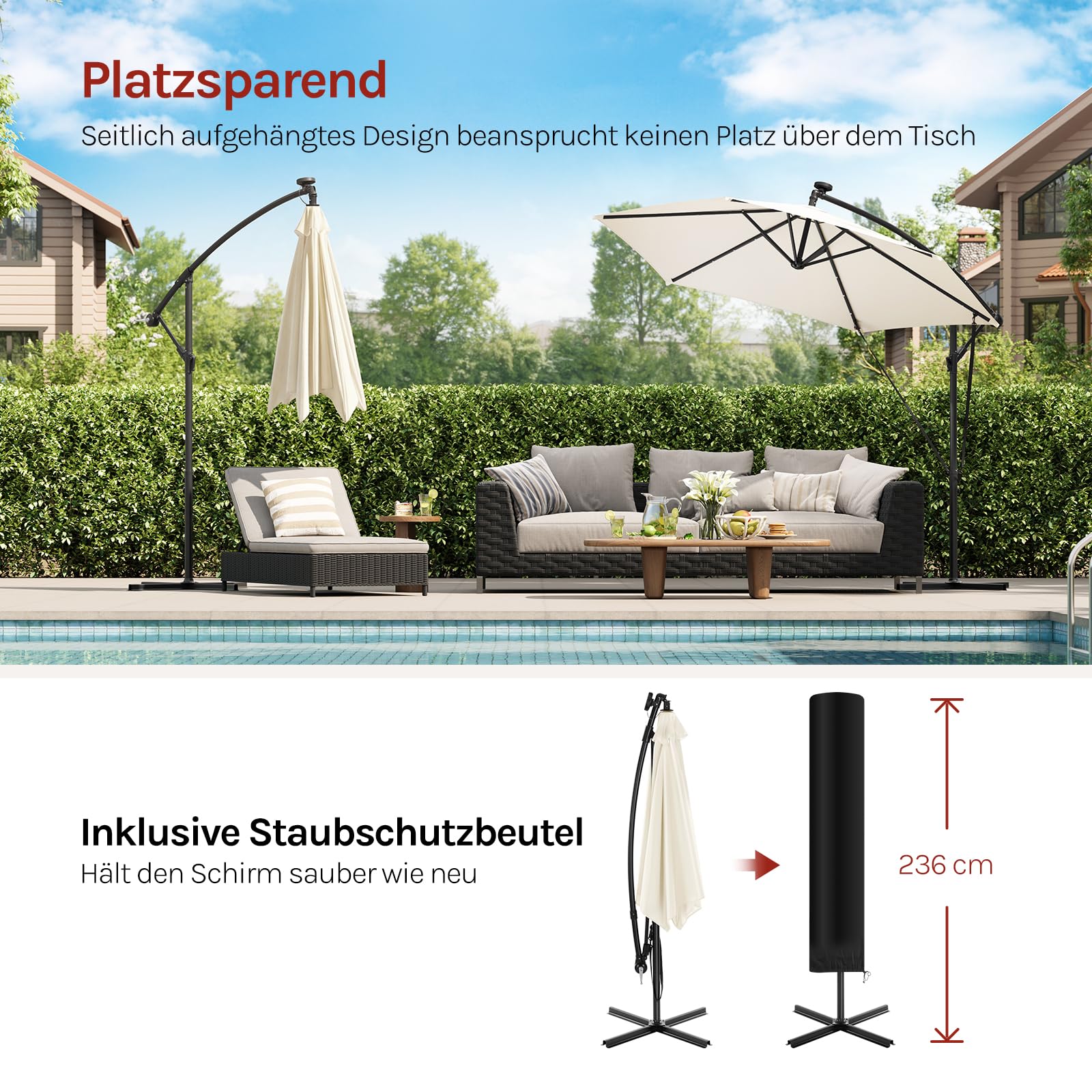 WOLTU Sonnenschirm 300 cm, mit Solar-LED-Beleuchtung, Ampelschirm rechteckig 360° drehbar, Sonnenschutz UPF 50+, mit Windschutzseilen Schutzhülle, für Balkon Garten Terrasse, Beige