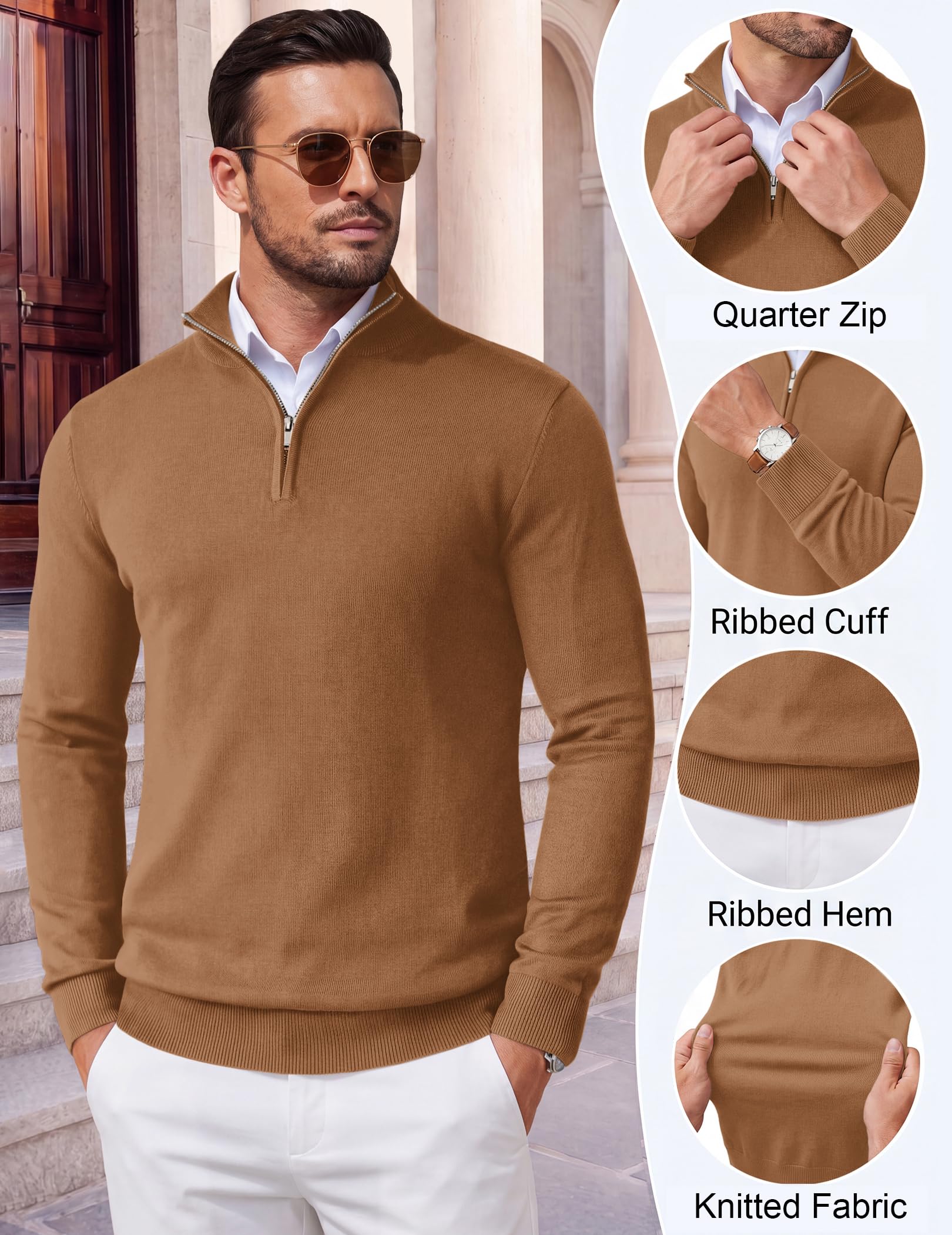 Coofandy Men's Quarter Zip Up Sweaters Casual Uomo (Pacco da 1) | Superficie testurizzata, morbida al tatto, colletto classico, vestibilità comoda, abbinabile in molti modi