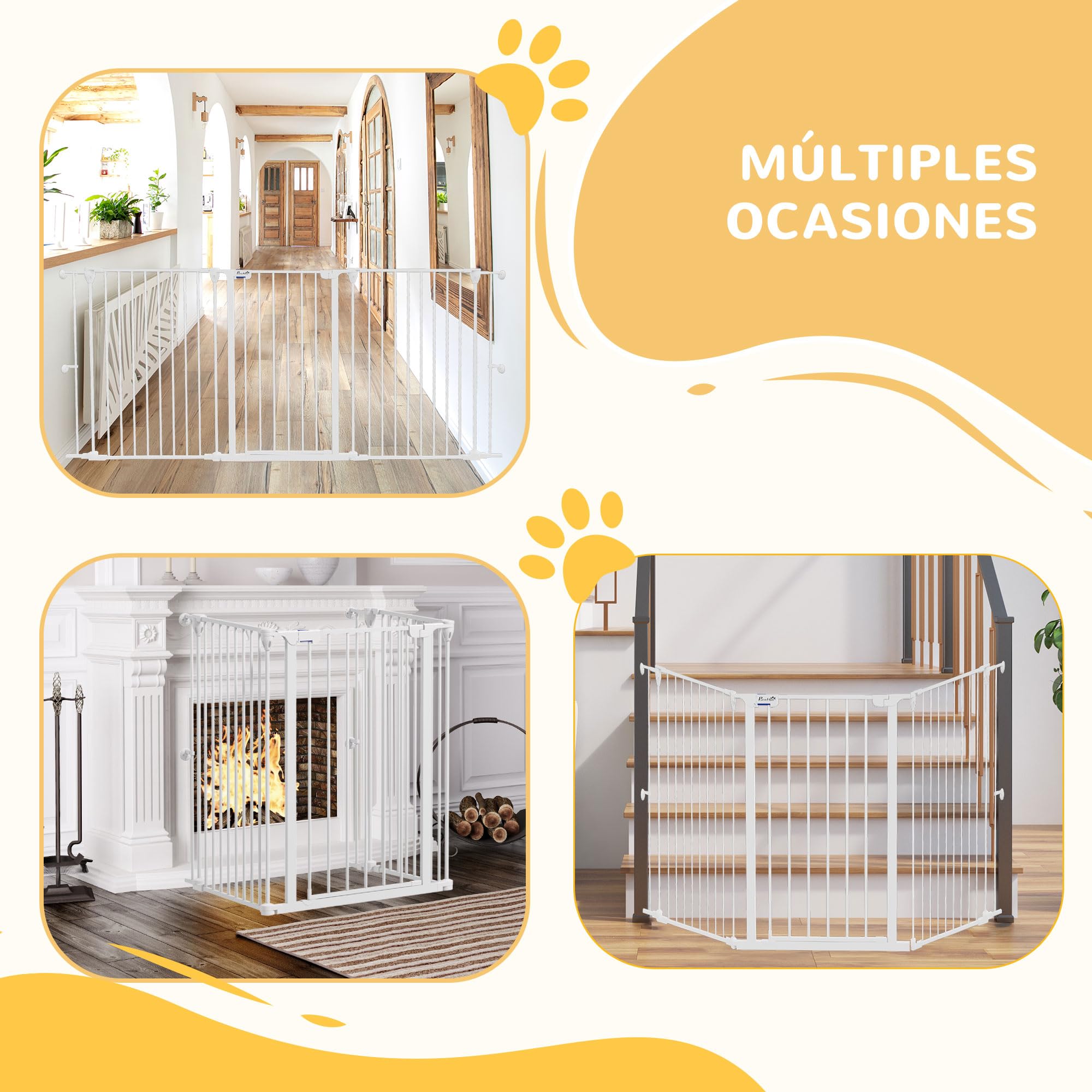 PawHut Barrera para Perros de Acero 206x90 cm Valla para Mascotas Plegable de 3 Paneles con Doble Cerradura y Función de Bloqueo Auxiliar para Puerta Pasillo Escalera Blanco