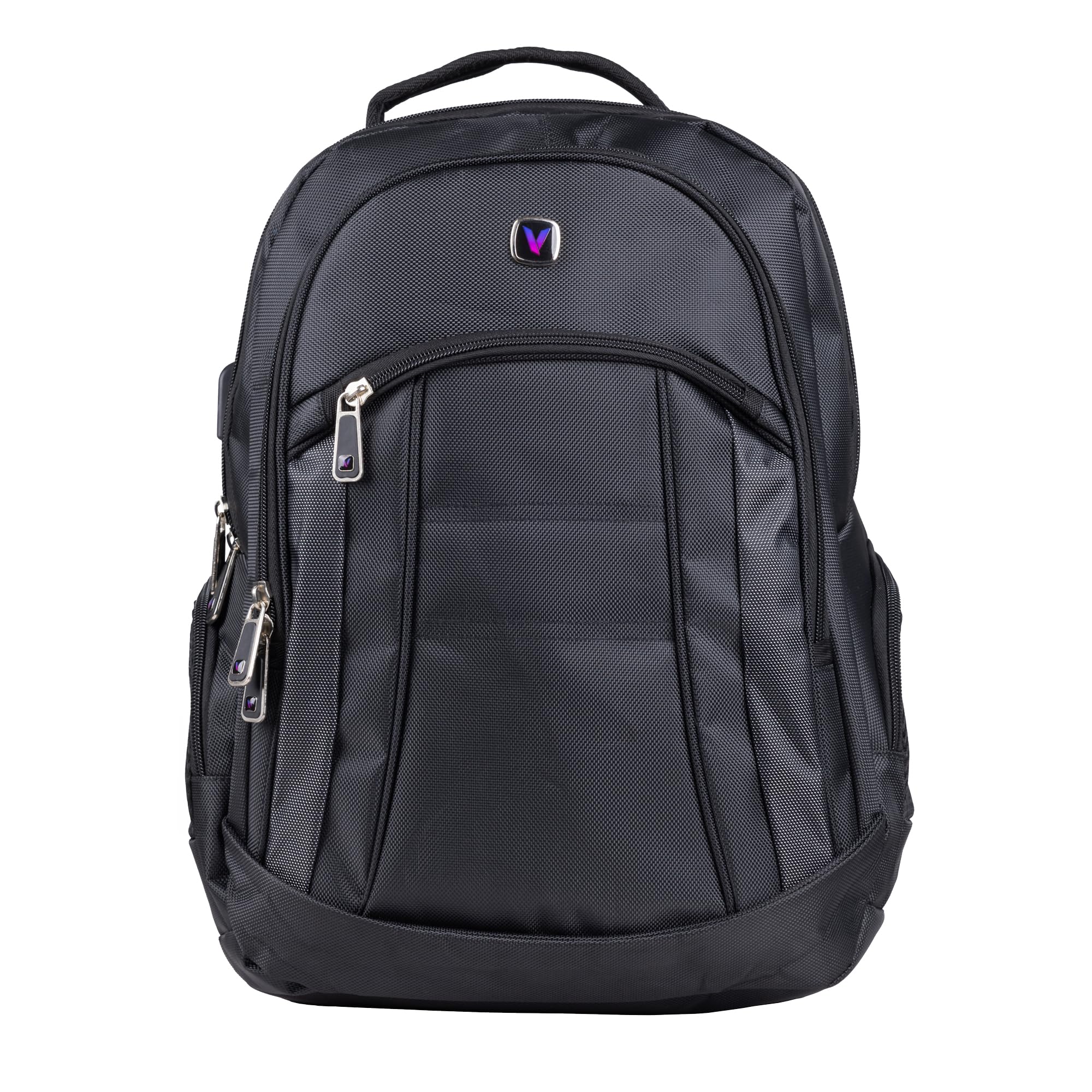 Velztorm 1680D Polyester Black Backpack with USB Charging Station - JS230863, Spacious Interior, Multiple Compartments, Compact and Lightweight, Fits up to 16" laptop