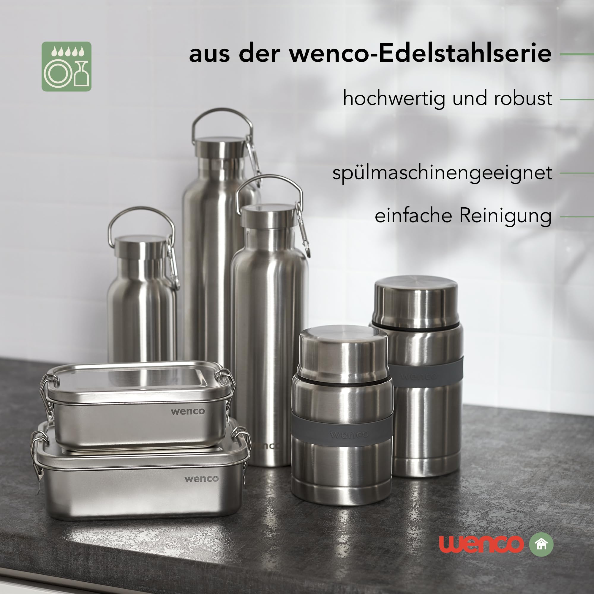 wenco Butelka do picia ze stali nierdzewnej, 1 l/1000 ml, izolowana i zabezpieczona przed wyciekiem, do zimnych i gorących napojów, może być również używana jako termos – z sitkiem do herbaty – nadaje