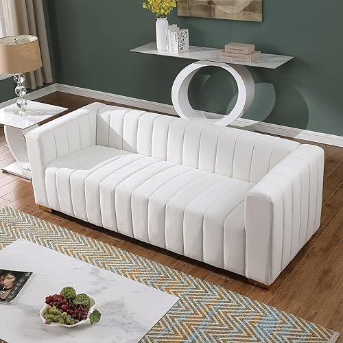 KIVENJAJA Sofá de 3 plazas de terciopelo capitonado con canal con 2 almohadas, brazos cuadrados y patas de metal dorado para sala de estar,