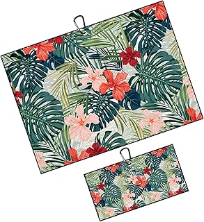 Tropical Floral Golf Towel 2 Packs Hibiscus Flowers Golf Towels for Golf Bags Men Women Hawaiian Plants Microfiber Waffle Golf Towel with Clip Funny Golf Gift Accessories