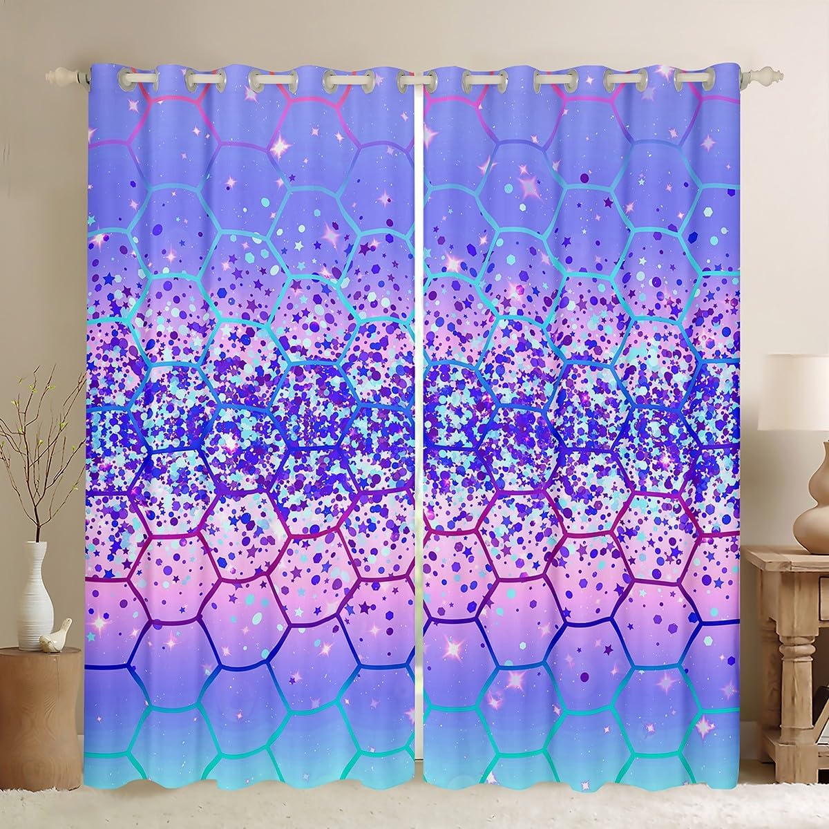 Honeycomb Curtains,Kids Adults Teens Room Decor Purple Blue Gradient Boys Girls Window Treatment Curtain,Modern Minimalist Art Window Drapes,Top 2 Panel,42Wx63L