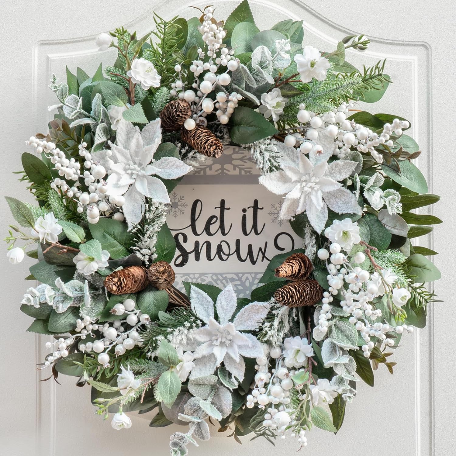 24 Inch Winter Wreaths for Front Door Outside, Outdoor Winter Wreath with Christmas Flowers and Pinecones, Artificial Flocked Christmas Wreath with White Berries-Winter Decorations for Home