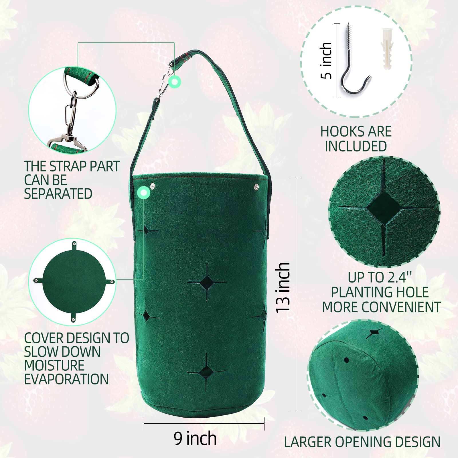 Betereap Hanging Strawberry Grow Bag with 12 Holes, 2-Pack Widen Planting Holes 400G Heavy Duty Easy Installation Durable Vertical Strawberry Planter for Balcony, Garden or Patio