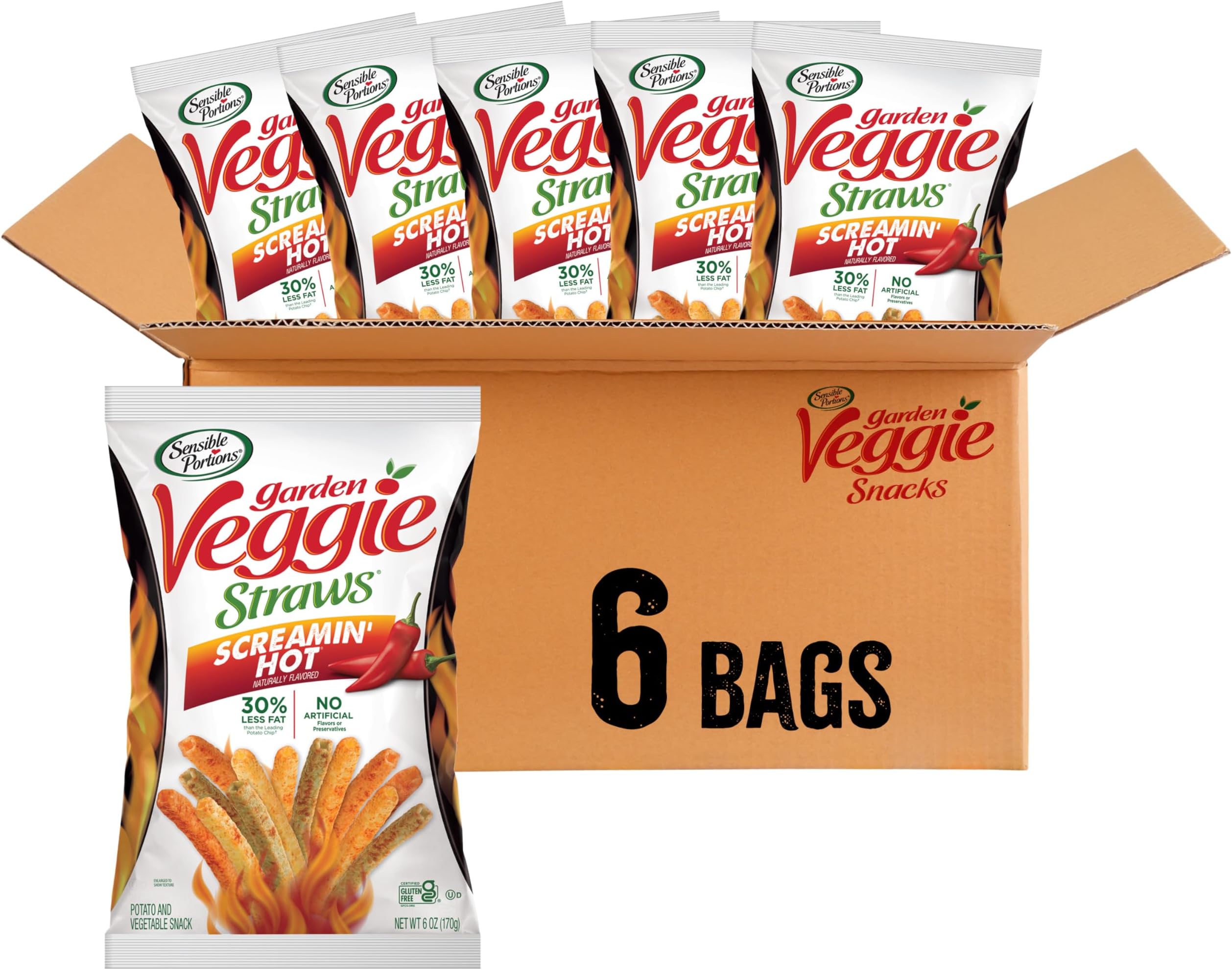 Veggie Straws, Screamin' Hot Flavor, Gluten-Free Chips, 6 Ounce Bag, 6-Pack