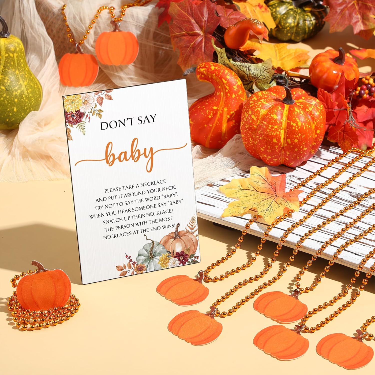 Roowest 51 Don't Say Baby Shower Game Including Autumn Pumpkin Baby Game Sign Wooden Pumpkin Table Sign and 50 Felt Pumpkin Necklaces Gifts for Gender Reveal Party Favors Baby Shower Prizes