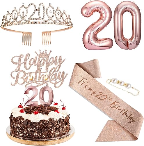 AgQrDkrc Decoraciones de cumpleaños número 20 para mujer, oro rosa, incluye corona de cumpleaños número 20, banda de reina de cumpleaños con alfiler
