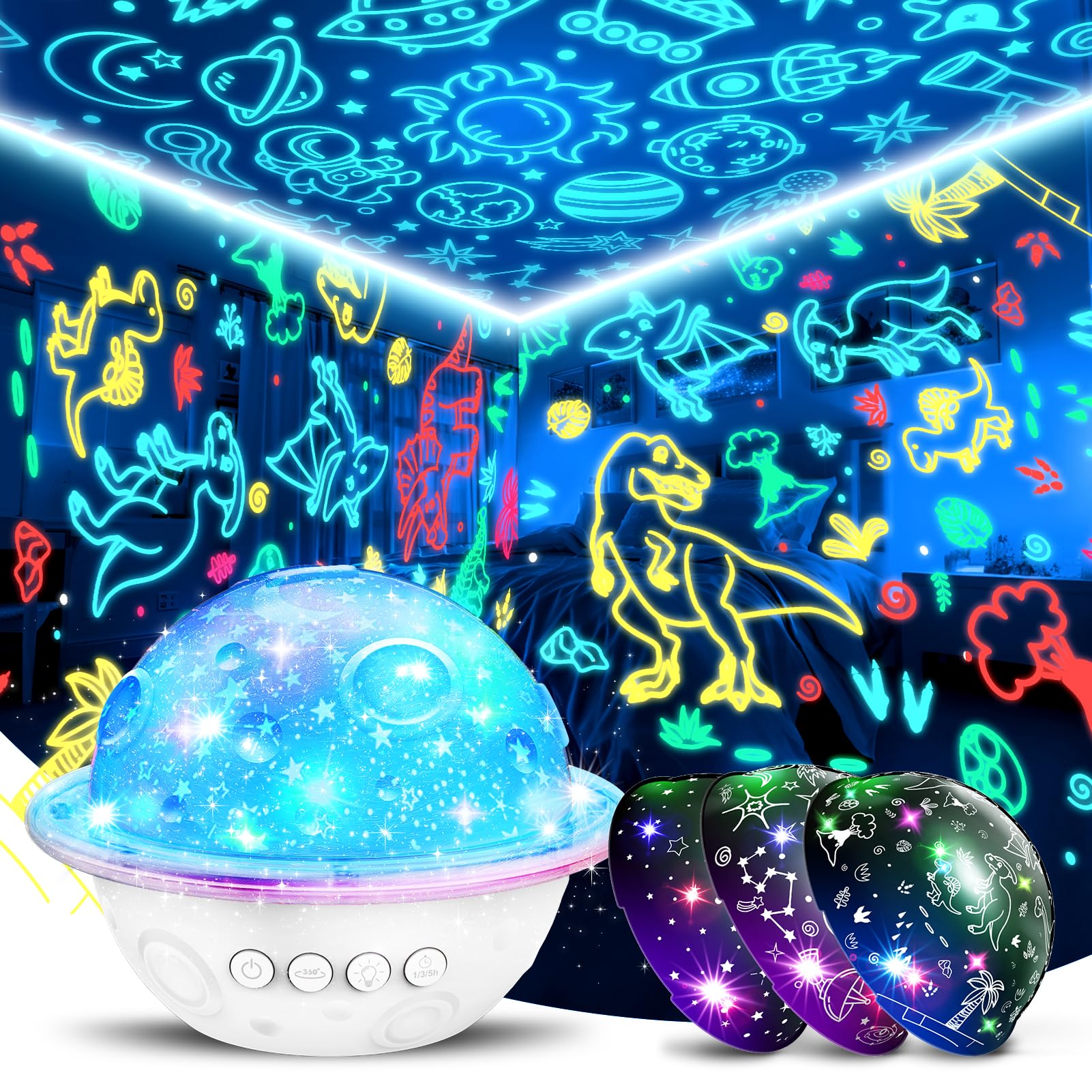 Night Light Lamp for Kids Room: Planet Night Light Projector for Bedroom Birthday Gifts for 3 4 5 6 7 8 9 10 11 12 Year Old, 4 in 1 Dinosaur & Universe & Star Night Lights Kids Room Decor