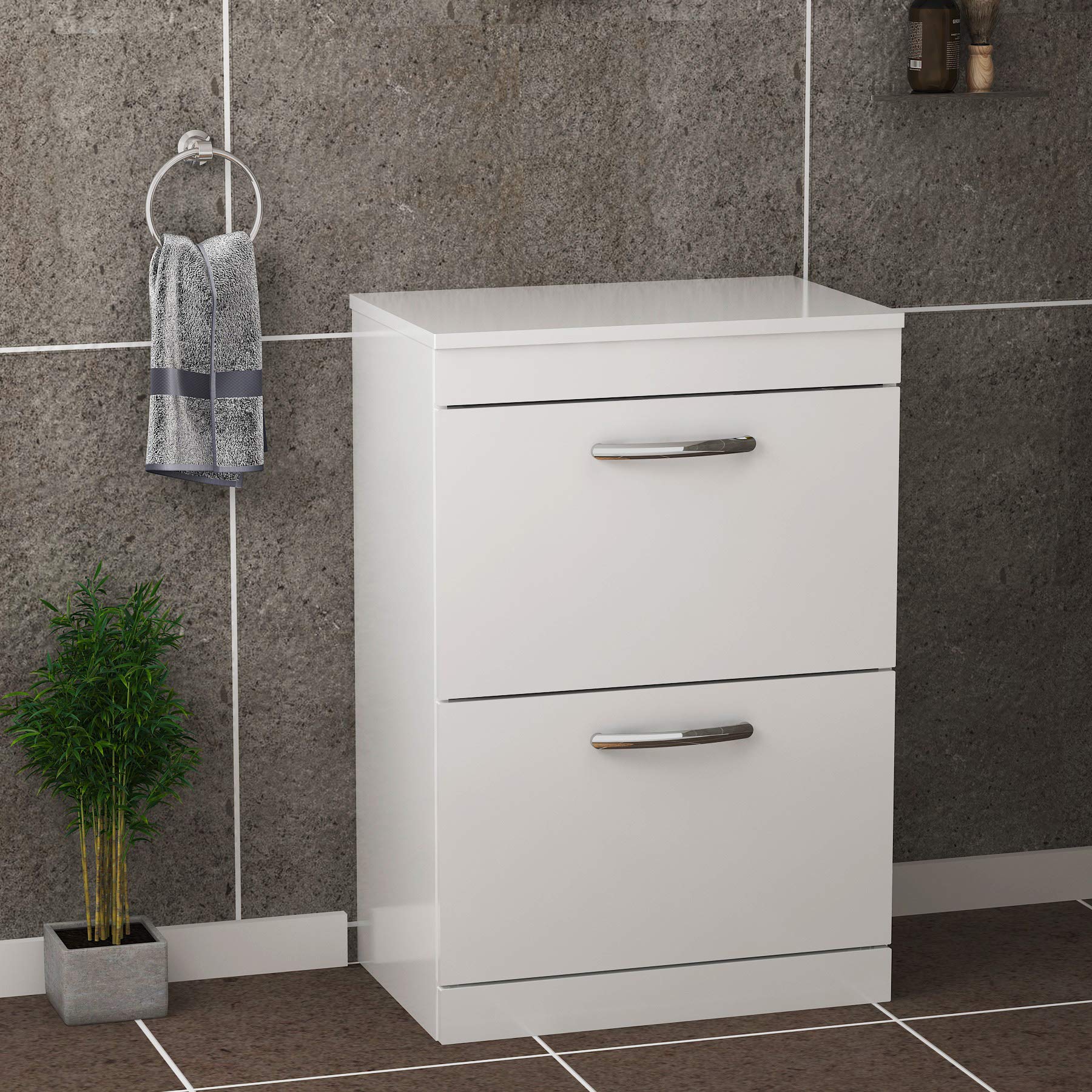 Royal Bathrooms Turin 600mm 2 Drawer Gloss White Standing Vanity Unit with Matching Worktop