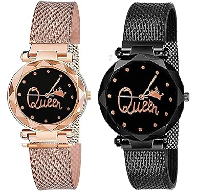 New Diamond Cut Glass Queen Gold & Black Pu Belt Watch for Girls & Women & Kids Analog