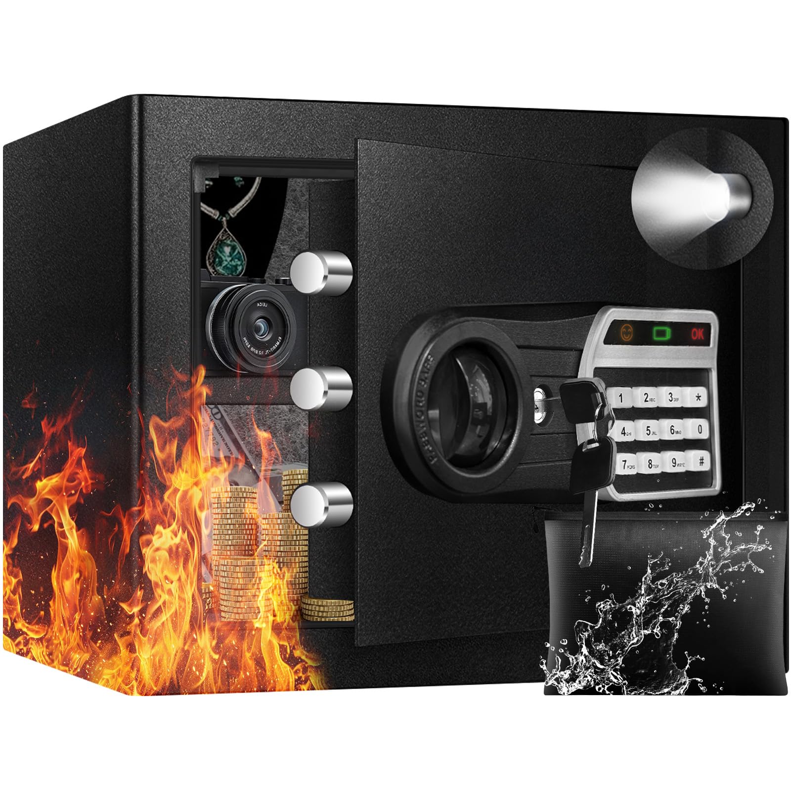 ToruKeep 35L Security Safe Box, Home Safe with Fireproof Waterproof Bag, Anti-Theft Safety Box with Digital Keypad, Spare Keys, LED Light, Smart Alert System, Removable Shelf, 30D x 35W x 30H CM