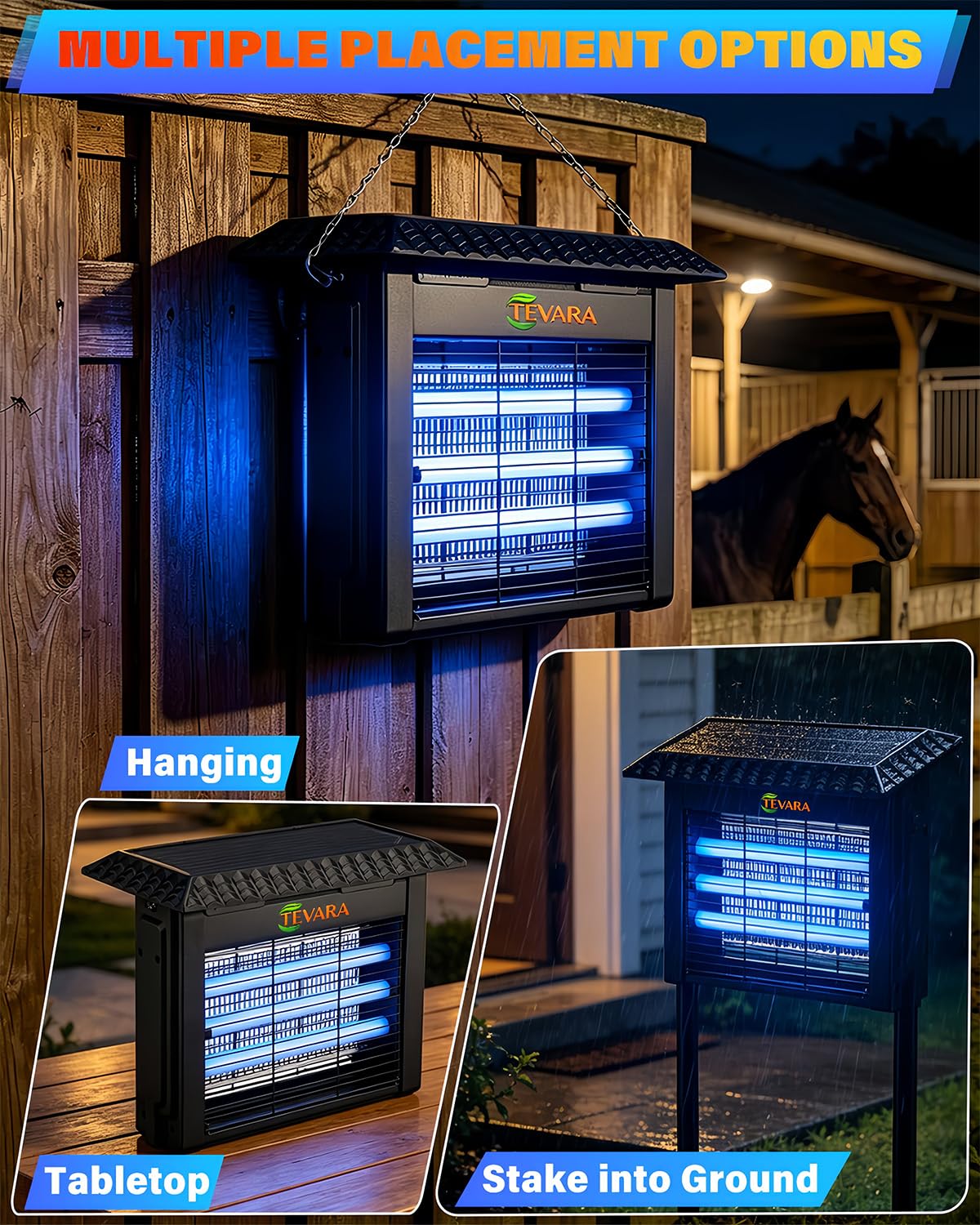 Zapper Solar Bug Zapper Outdoor - Zapper zanzare senza fili da 4500 V con controllo della pioggia, pannello solare da 10 W e sensore di luce intelligente, luci da percorso 2 in 1 e zanzariera per