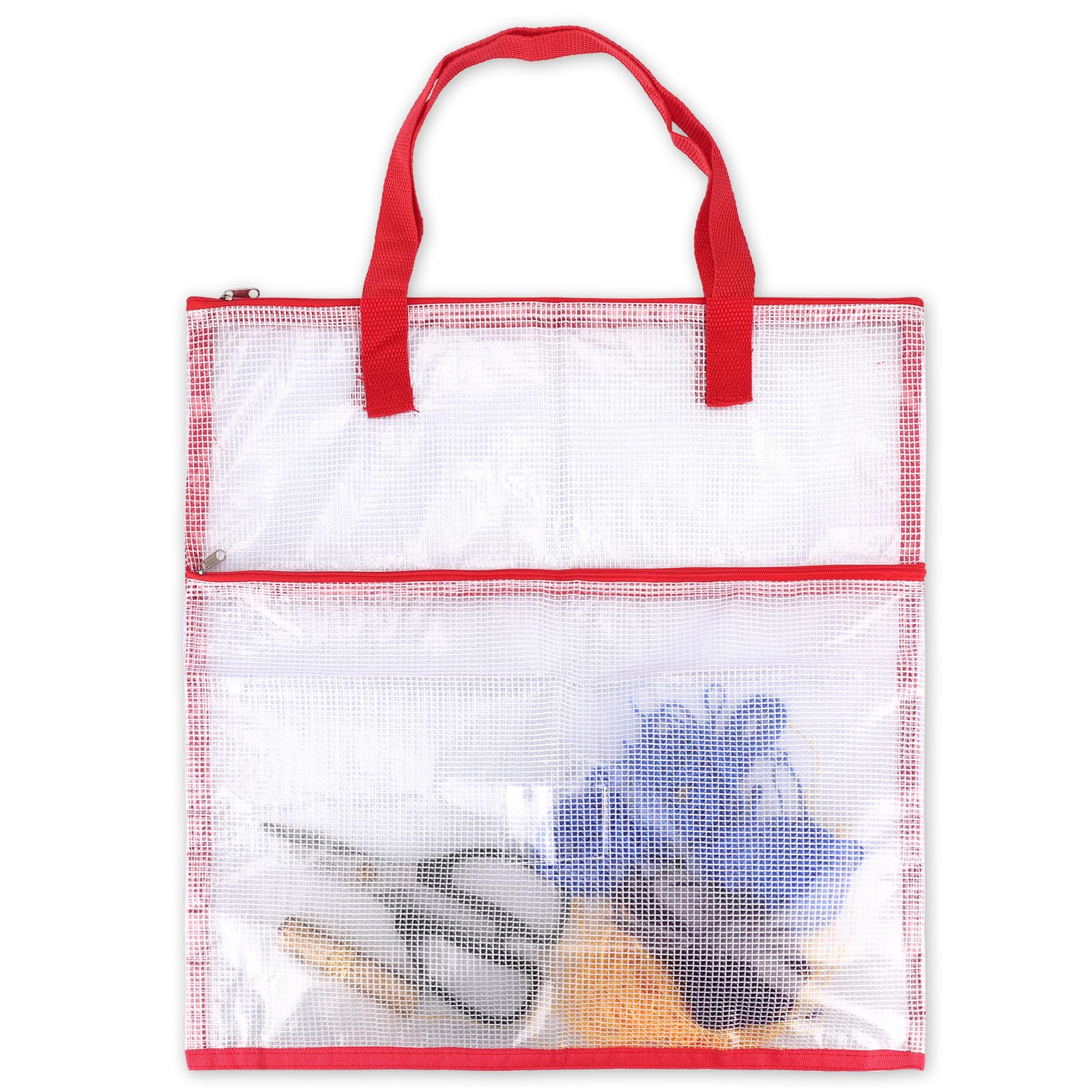 16.1x15.7in Sew Project Bag, Multipurpose Clear Mesh Quilting Storage Organizer with Zipper Portable Large Craft Bag for Stitching Knitting Crochet Art Craft Supplies (Red)