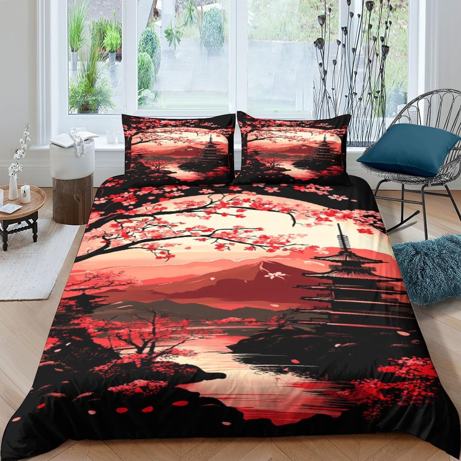 Ctjqhvkz Style-2 3D Printed Japanese Sunset Fitted Sheet Microfiber Scenic Pagoda Bed Cover For Bedroom Decor Dust Protection Single（135X200cm）