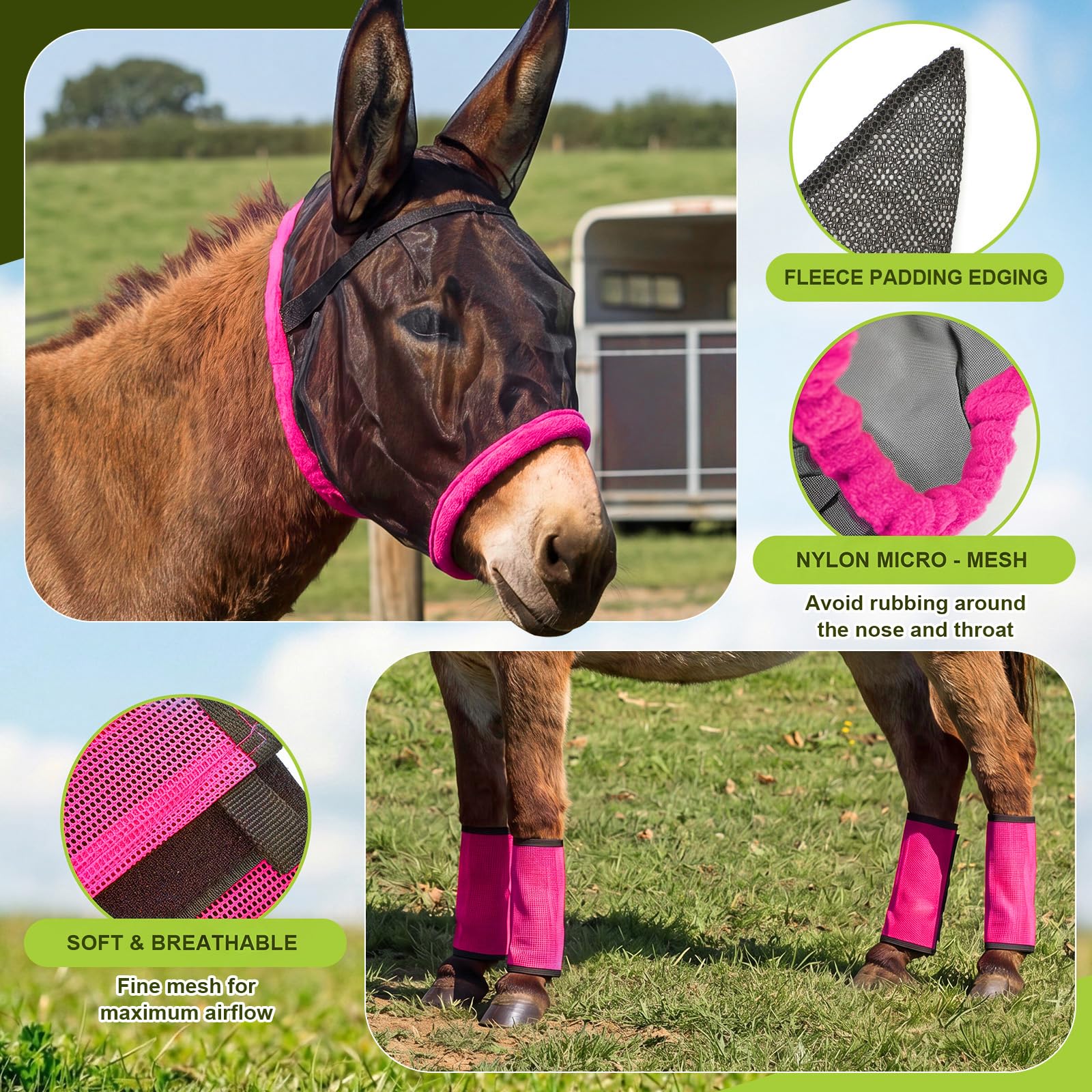 Mini Esel Fliegenmaske mit Ohren und 4 Set Esel Fliegenstiefel Mule Leggings Atmungsaktive Dehnbare Mule Leg Wraps Maske Stiefel mit Mesh Augenabdeckungen vor Insekten und Käfern mit