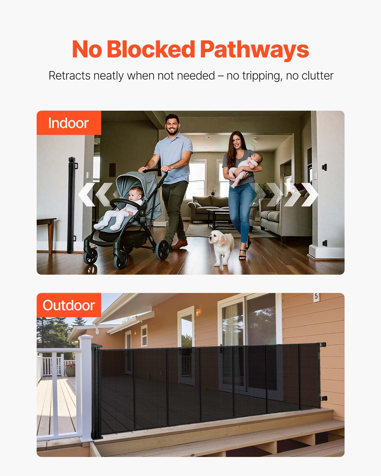 VEVOR Puerta Retráctil 325 x 105,5 cm, Valla de Seguridad para Perros, Panel de Malla Transpirable con Tiras de Fibra de Vidrio para Escaleras Interiores, Puertas, Pasillos, Salas de Juegos, Negro