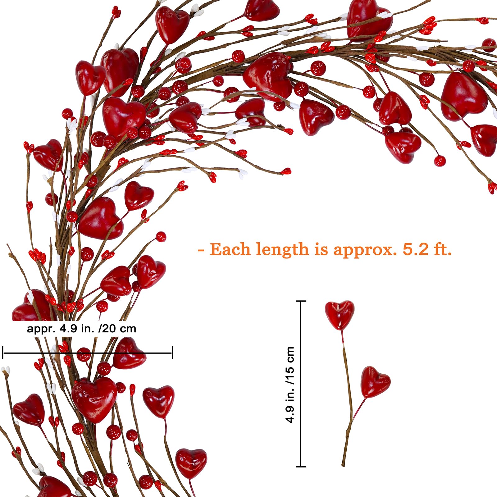 Winlyn 13 cm Valentinstag-Girlande, rotes Herz und Beerengirlande, rotes Herz, Burgunderrot, Beere, künstliche Girlande, Dekorationen für Frühling, Hochzeit, Valentinstag, Kamin, Kaminsims,