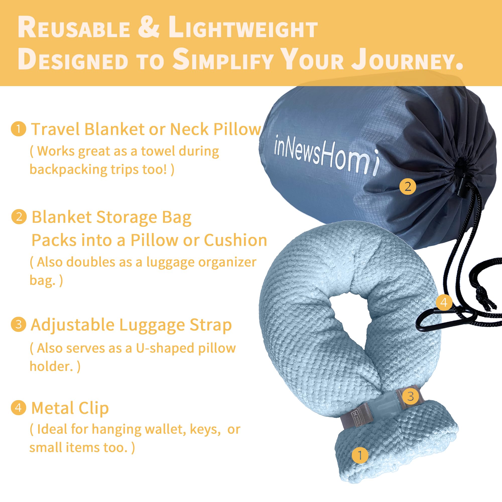 INNEWSHOMI Travel Blanket Airplane Compact with Bag, Lightweight & Packable 2 in 1 Airplane Blanket or Travel Pillow, Travel Essentials for Women Men & Kids, Blue