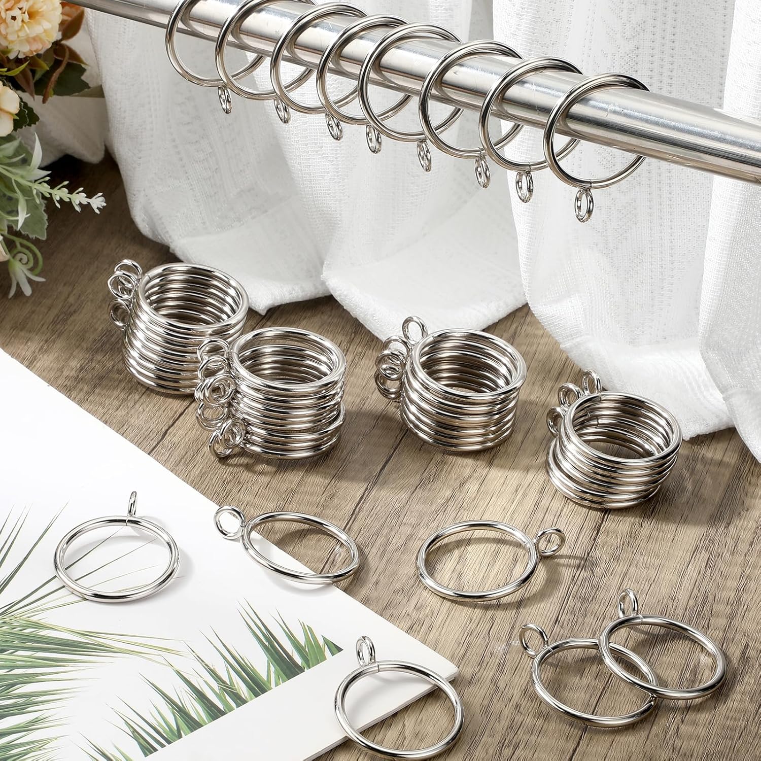 Maitys 100 Pcs Metal Curtain Rings with Eyelet 1.5-inch Inner Diameter Eyelet Curtain Rings for Drapery Clips Hooks for Sliding Window Bathroom Door Shower Rod (Silver)