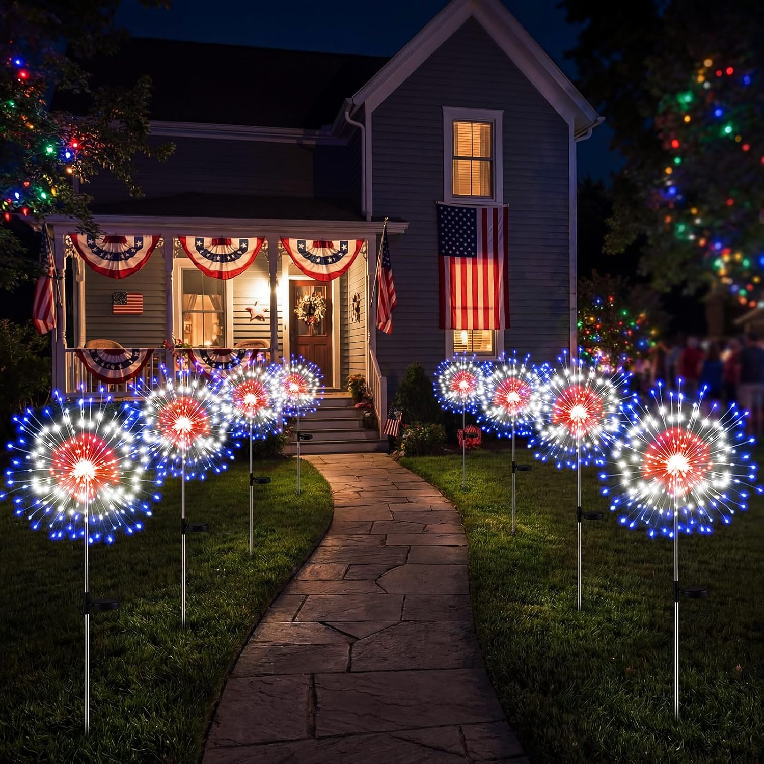 Tujoe 6 Pcs 4th of July Solar Firework Lights Patriotic Solar Light Outdoor Garden 120 LED 8 Modes Waterproof LED Sparkler Light for 250th Anniversary Patio Yard Pathway Walkway (Colorful)