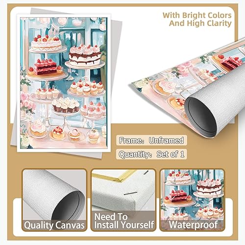Miniatura 2 de LRCYBMN Póster de moda con estampado de tartas de panadería y cafetería, lienzo de cocina azul funky para decoración de pared, pintura de acuarela