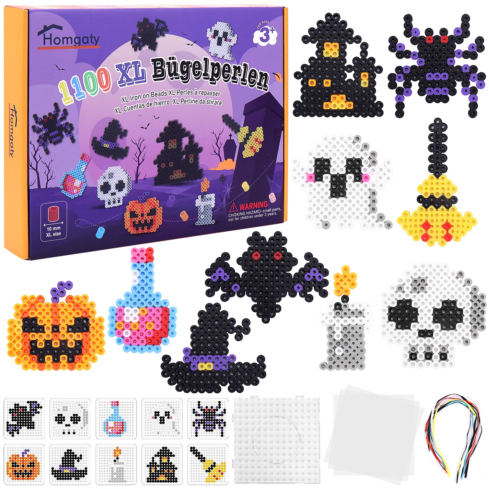 Homgaty Fuse Beads Kit - Halloween Fuse Beads Boards Set including 10 Templates (Pumpkin, Witch Hat, Ghost)
