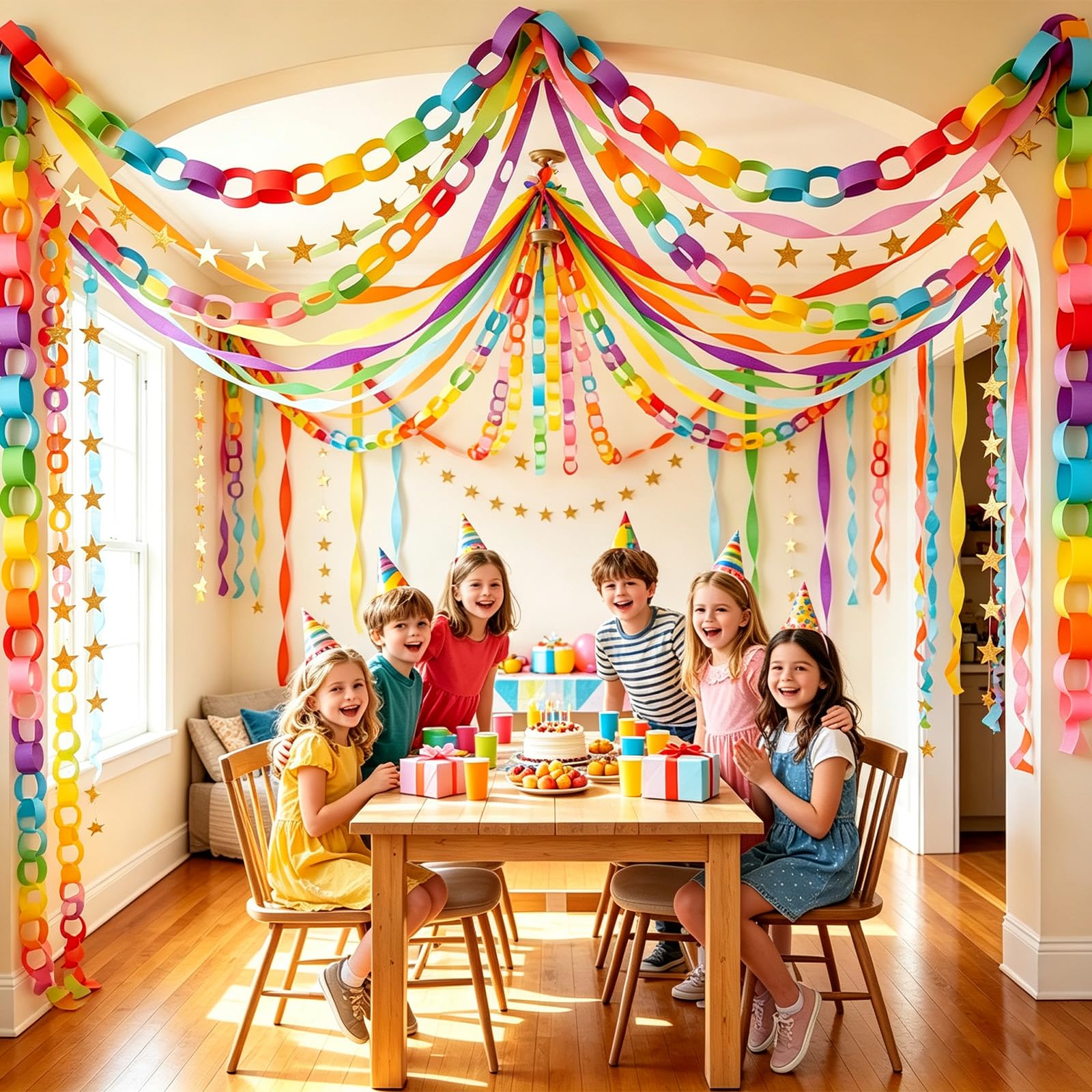 Juego de guirnalda de cadena de papel pastel todo en uno con 300 tiras de cadena de papel + 6 rollos de serpentinas de crepé coloridas + 6 guirnaldas de estrellas doradas, sin herramientas, fácil