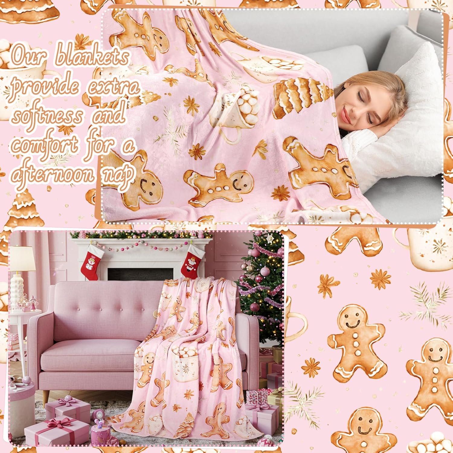 Gingerbread Man Christmas Throw Blanket for Adults 50 x 60 Inch Holiday Tree and Cookie Theme Flannel Blankets for Bedroom Couch Travel Home Decor Fuzzy Cozy Soft Warm Gifts(Pink) - Image 4