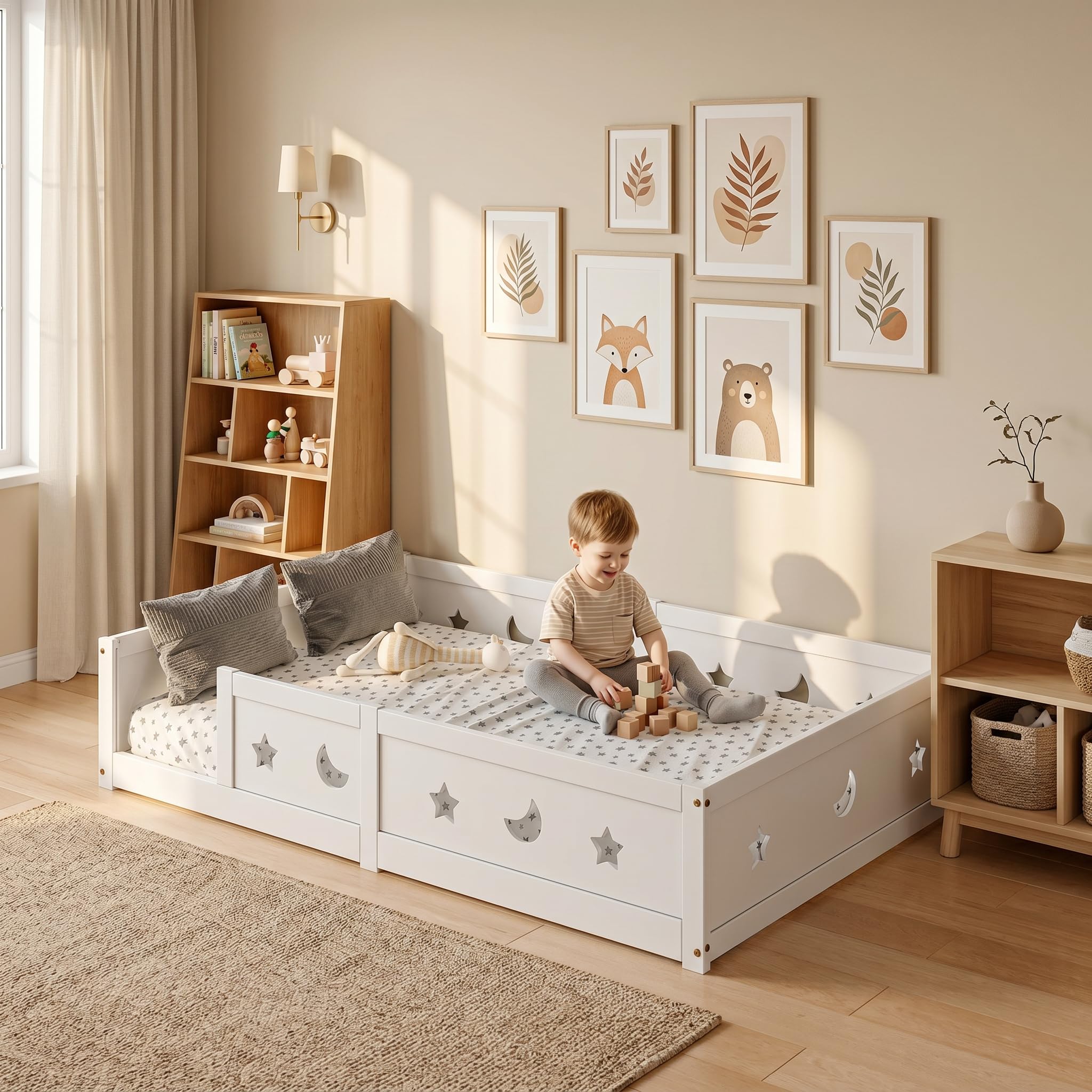 Montessori Łóżko dziecięce 90 x 200 cm, z zabezpieczeniem przed wypadnięciem i stelażem, wzór w gwiazdy i księżyc, dla chłopców i dziewczynek, z litego drewna sosnowego, białe (białe, A01, 120 x 200