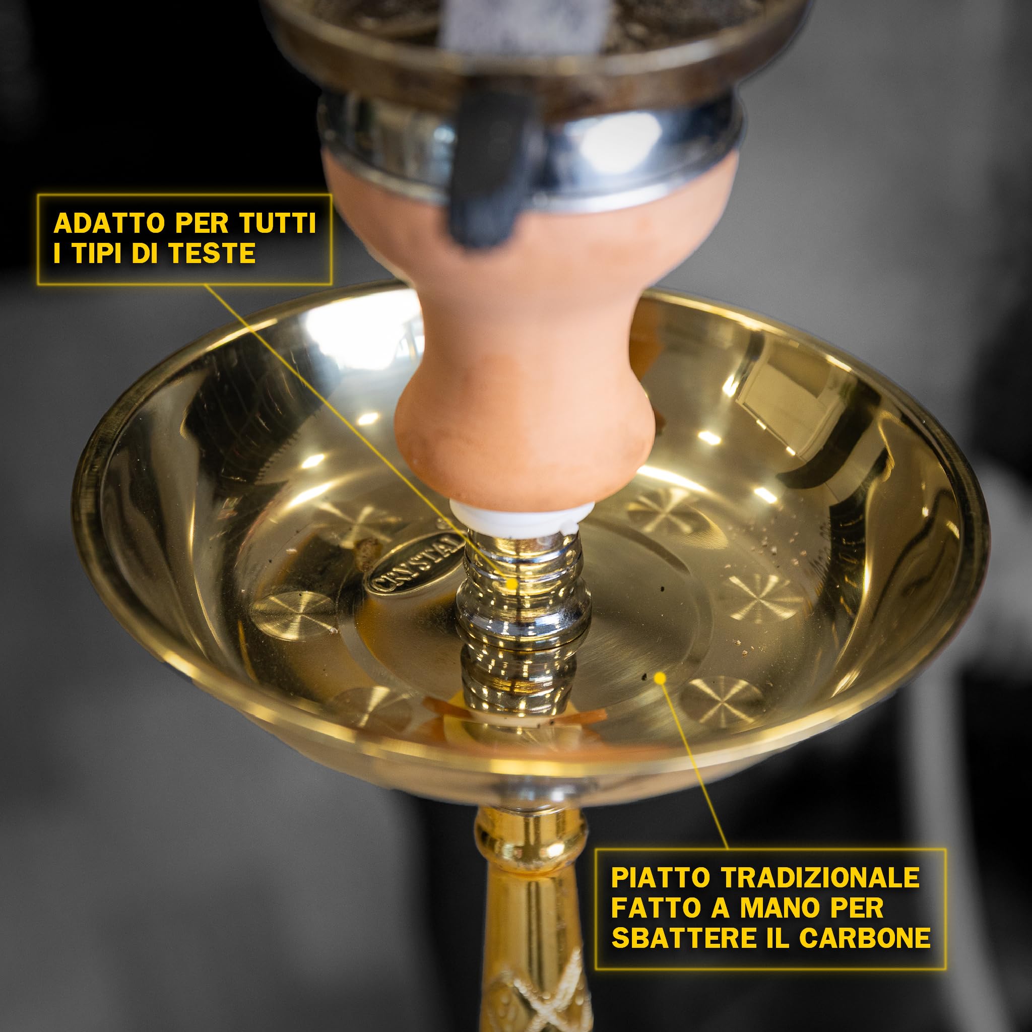 Cachimba Tradicional Al Fakhir 70 cm | Shisha de Latón Dorado con Manguera de Cuero, Cazoleta de Terracota, Gestor de Calor, Pinza y Porta Carbón Dorado