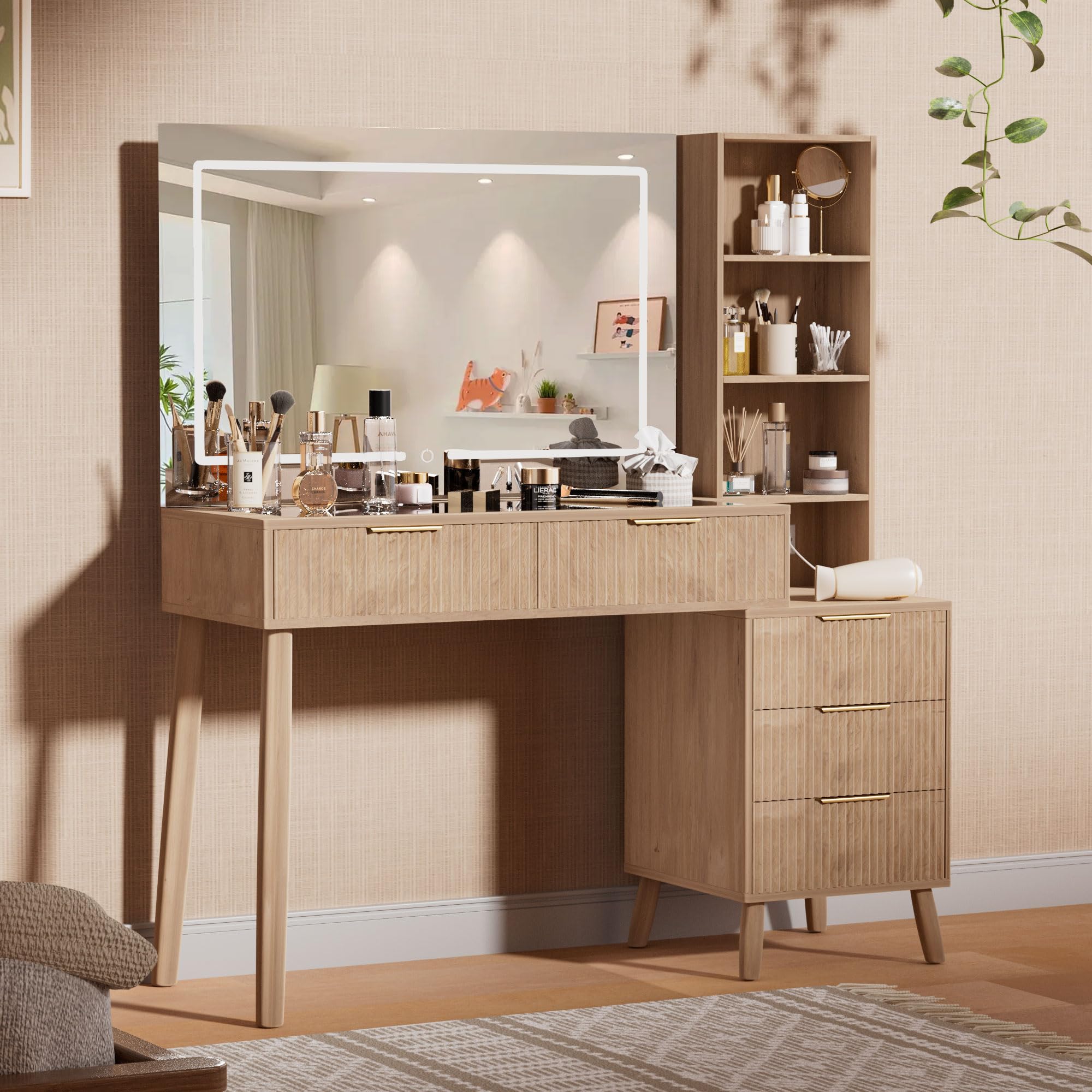 VALONDINO 48" Makeup Vanity Desk with Power Outlet，36 "HD Mirror &amp; Glass Top Vanity，5 Drawers &amp; 3 Shelves Vanity deske，3 Lighting Modes Brightness Adjustable,Oak