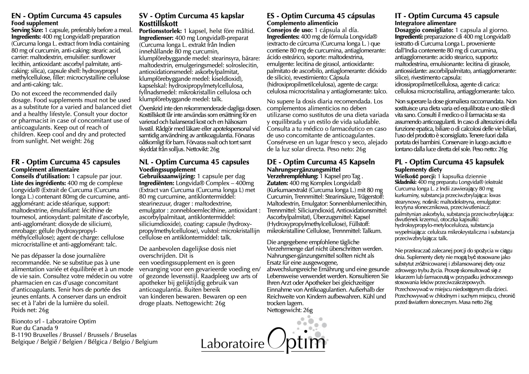 OPTIM Curcuma - Curcumina Longvida 45 Cápsulas - Suplemento de Extracto de Cúrcuma concentrado de alta absorción - sin Pimienta Negra - Sin Soja - Para Articulaciones, Fatiga y Digestión
