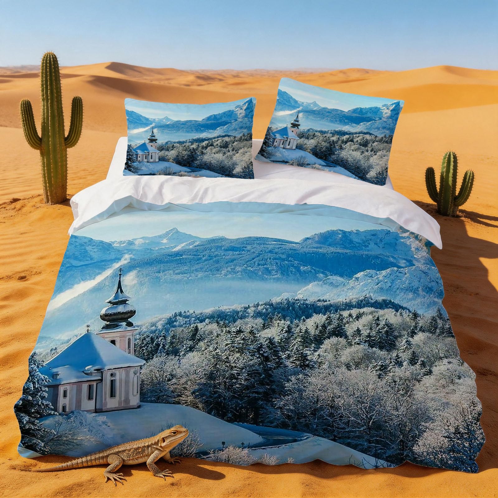 Housse de couette 240x260 paysage enneigé avec 2 taies d'oreiller pour lit 2 personnes
