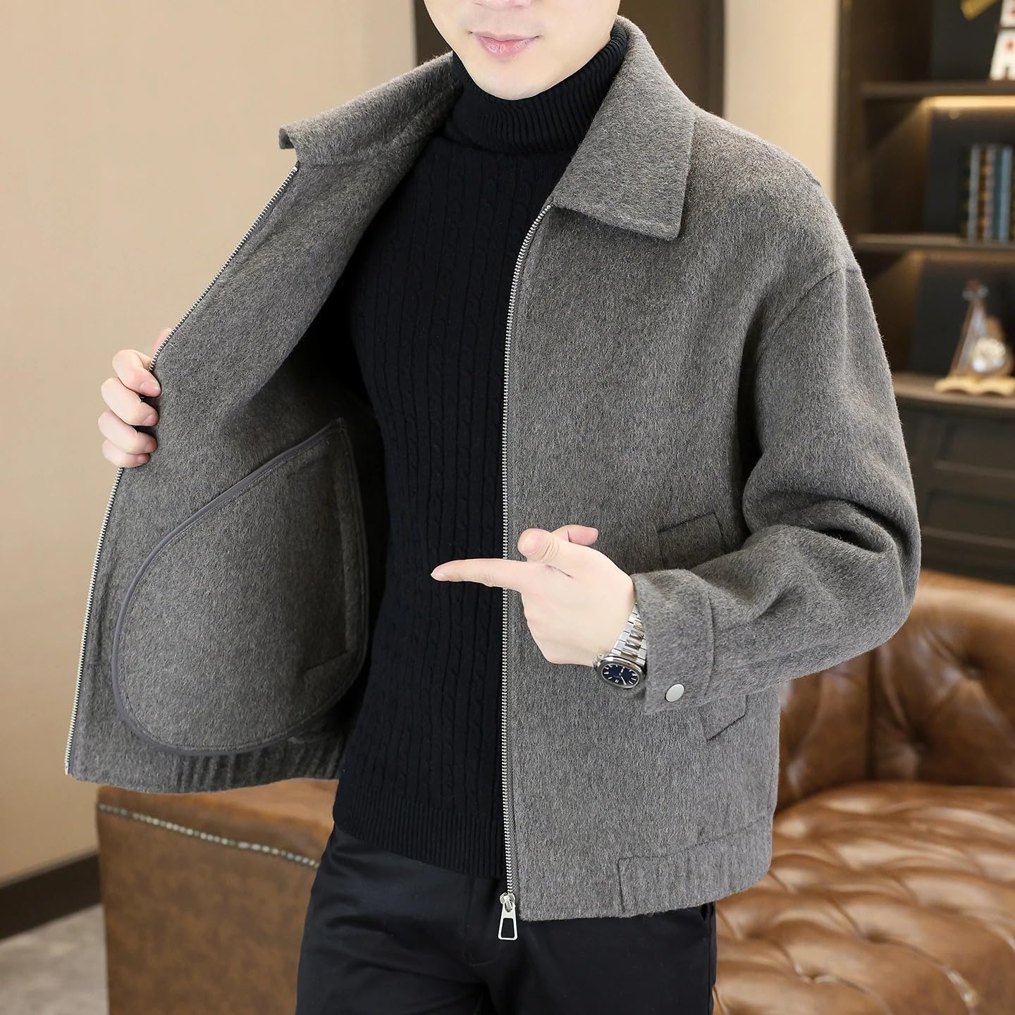Zipper Woolen Coats Autumn Winter Men's Warm Wool Jackets Business Casual Windbreaker Tops