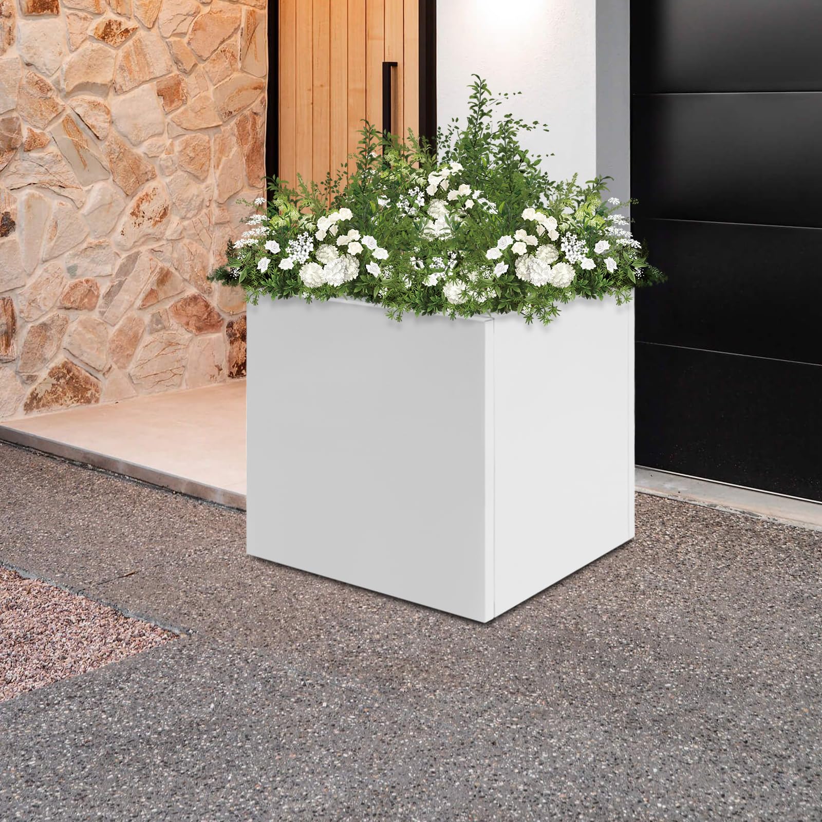 Macetero cuadrado de 60 x 60 x 60 cm, para exteriores, para jardines, entradas, terrazas, patios, etc., color blanco