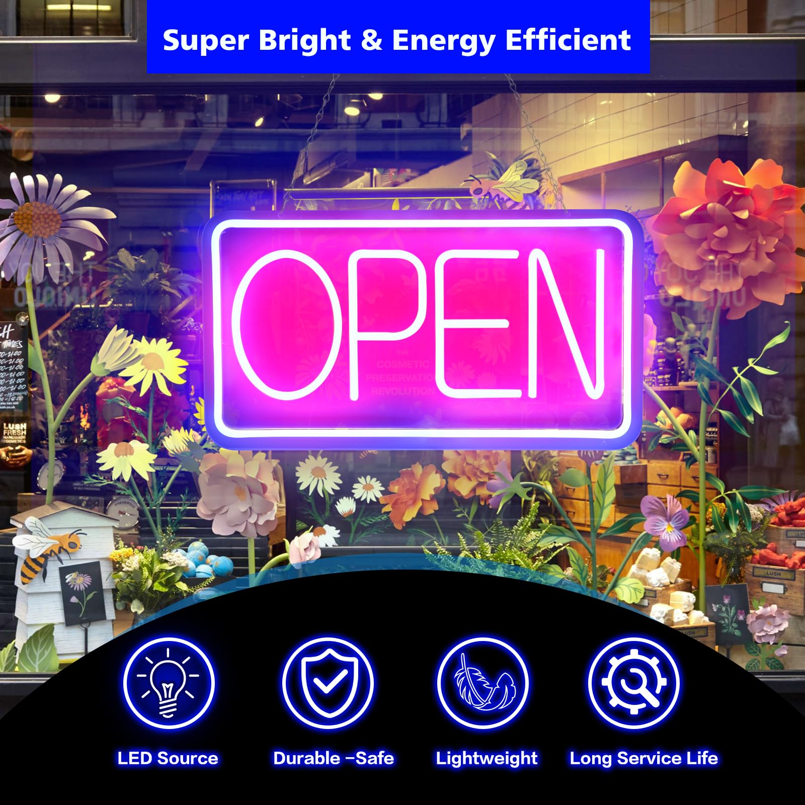 OPEN Letreros LED de Neón, 42 x 22 cm, Letreros Abiertos Iluminados, Tablero de Publicidad, Letrero Eléctrico Alimentado por USB, Ajustable, Brillante, Para Tiendas, Ventanas Horizontal