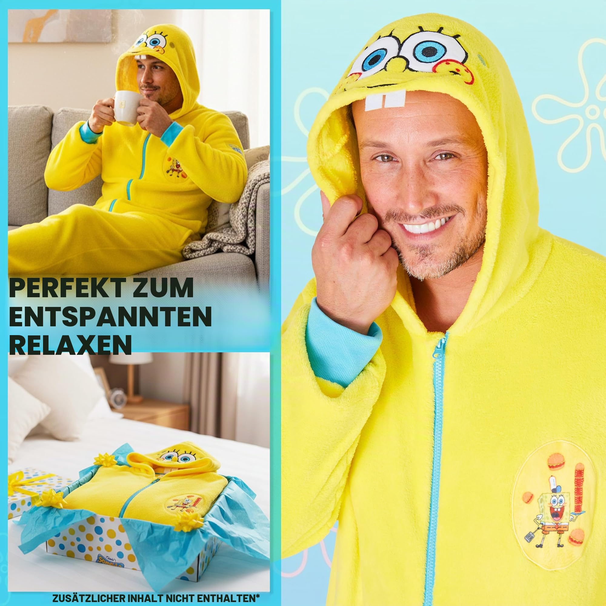 Spongebob Schwammkopf Onesie für Herren S–3XL, Mit Kapuze Fleece Schlafanzug mit Reißverschluss, Geschenk für Männer