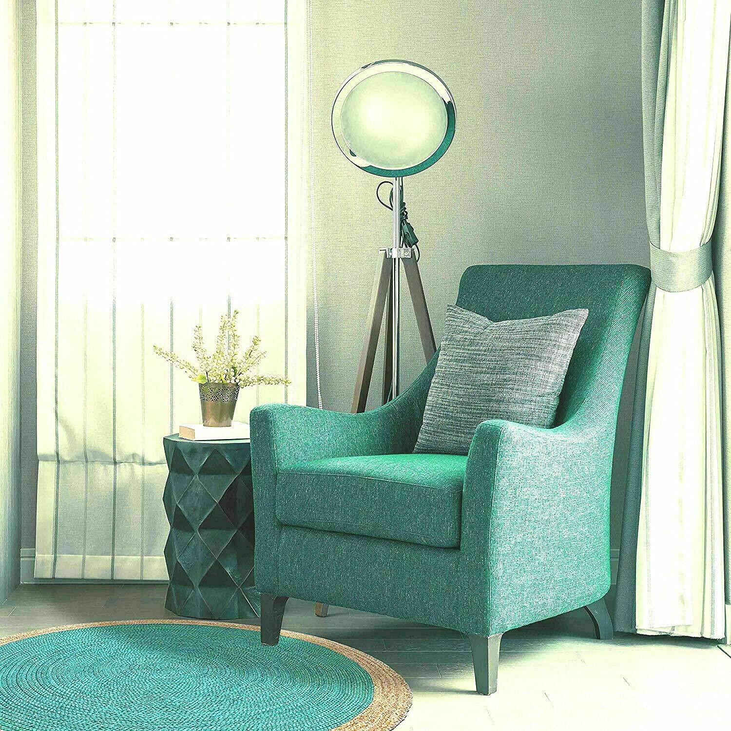 Tapis rond en jute naturelle tissé à la main, turquoise avec bordure beige, 91,4 x 91,4 cm (91,4 cm rond)