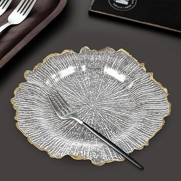25Pcs 13" Clear Acrylic Charger Plates with Gold Rim & Reef Design for Wedding Dinner Party Event Table Decor, Elegant Round Reusable Serving Plates for Buffet Catering Birthday Decorations