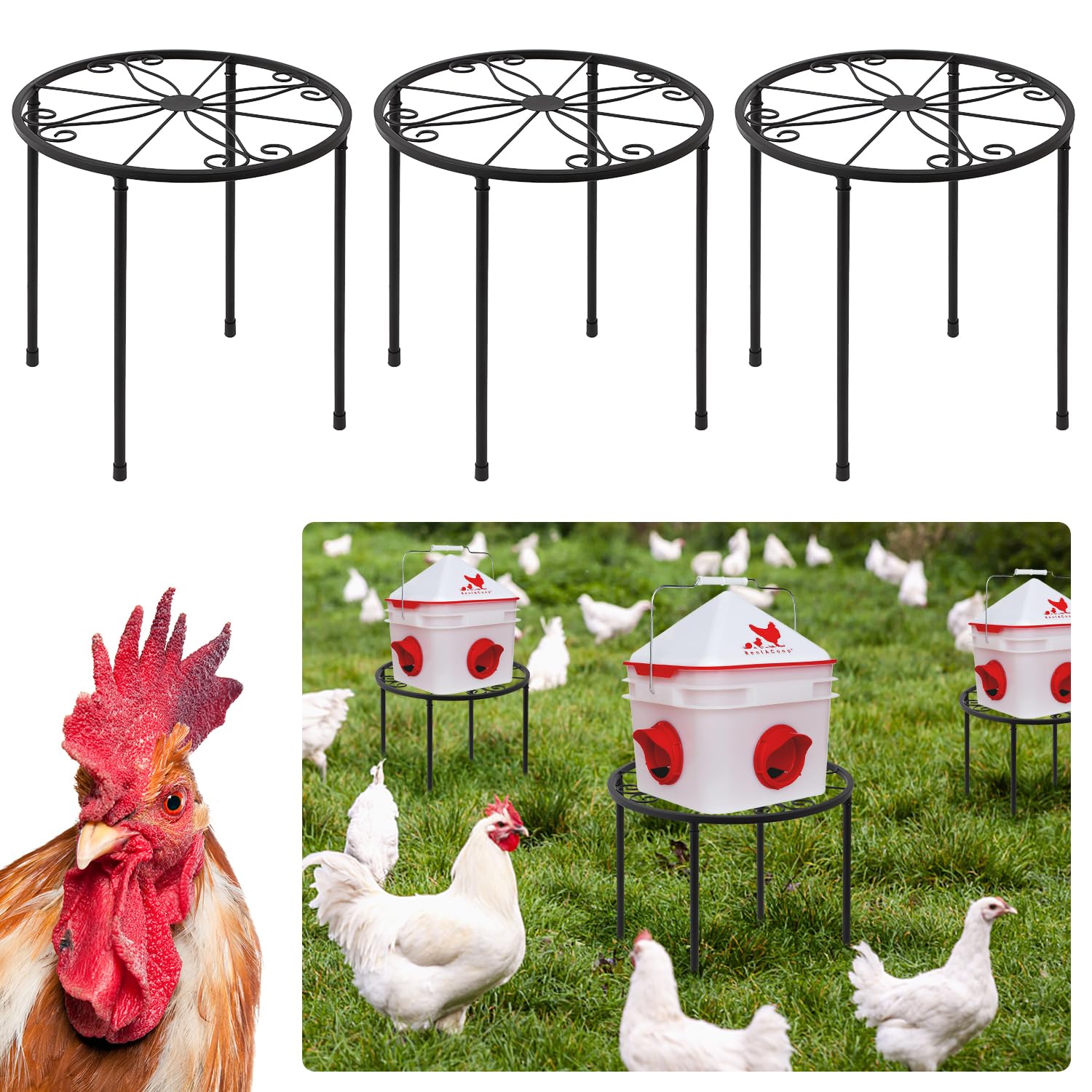 3 PCS Metal Supports for Chicken and Rabbit Water Dispenser(11.81 * 11.4inch) with 4 Legs and A Round Support Frame for Bucket with Water Dispenser Port Coop Poultry Indoor and Outdoor