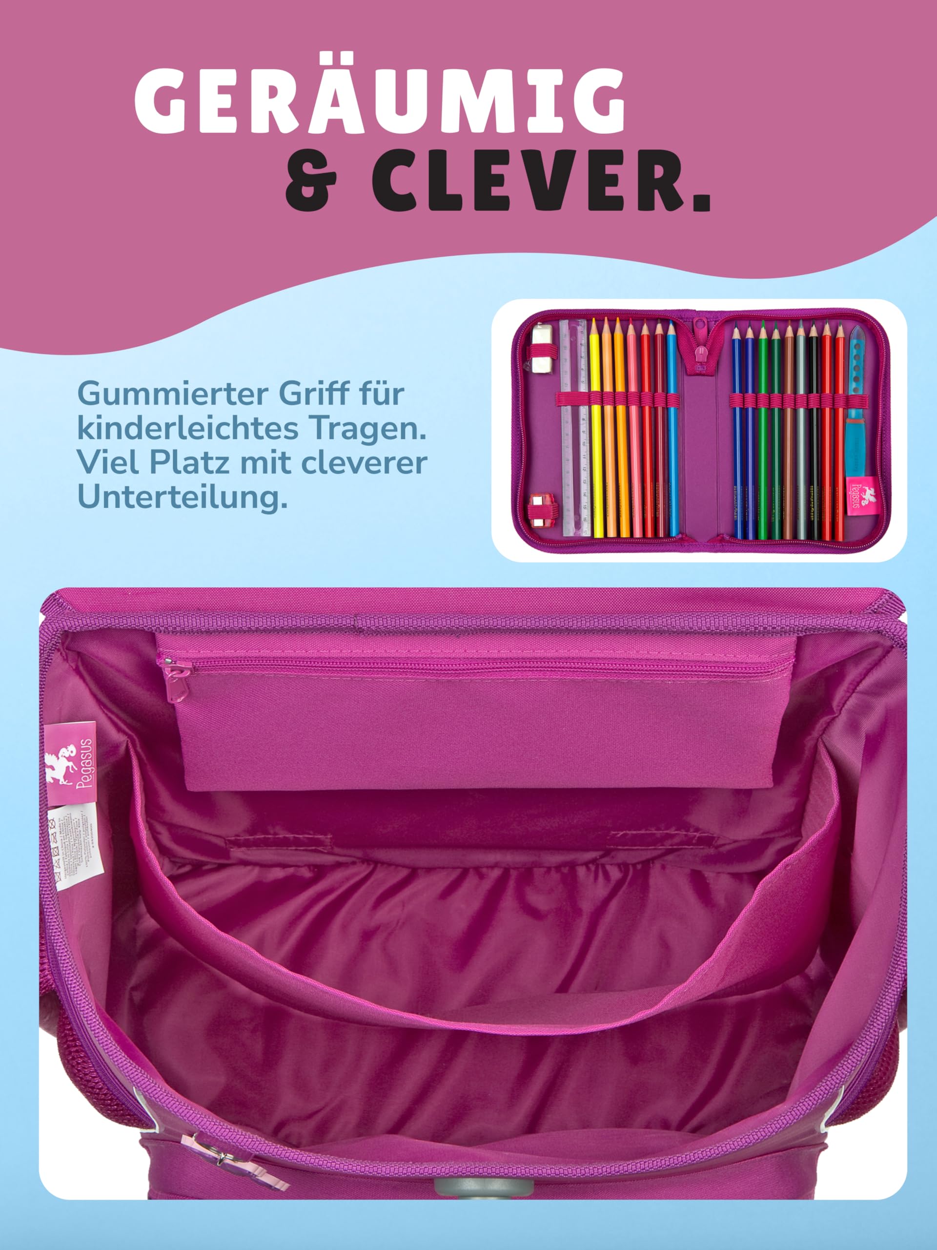 Familando - Scooli Campus Fit Schulranzen Set - 9-teilig mit Sporttasche - Pegasus Violett - Ergonomisch, Stabil & 980g leicht - 18L Volumen - Brustgurt & Reflektoren - Für Grundschule ab 1. Klasse