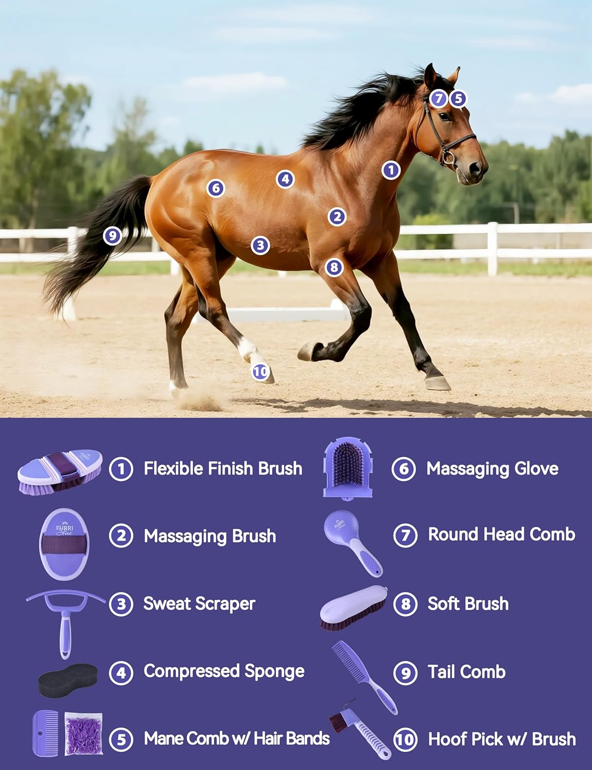 11-Piece Professional Horse Grooming Kit with Waterproof Tote Bag, Non-Slip Silicone Grip Brush Set, Curry Comb, Hoof Pick & Mane Comb Sugar Taro