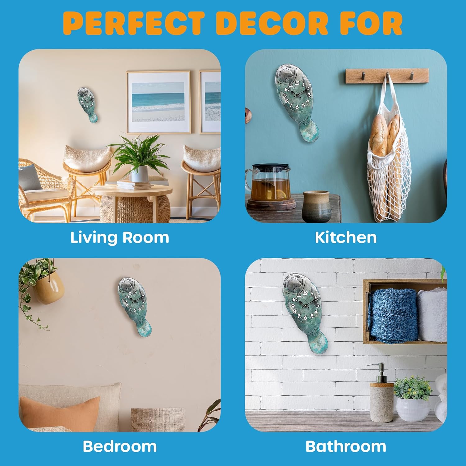 Wooden Wall Clock - Coastal, Nautical, and Beach Themed | Decorative and Aesthetic 14" Timepiece | Ideal Office or Home Decor | Living Room, Bedroom, or Beach House | Manatee (Die Cut)
