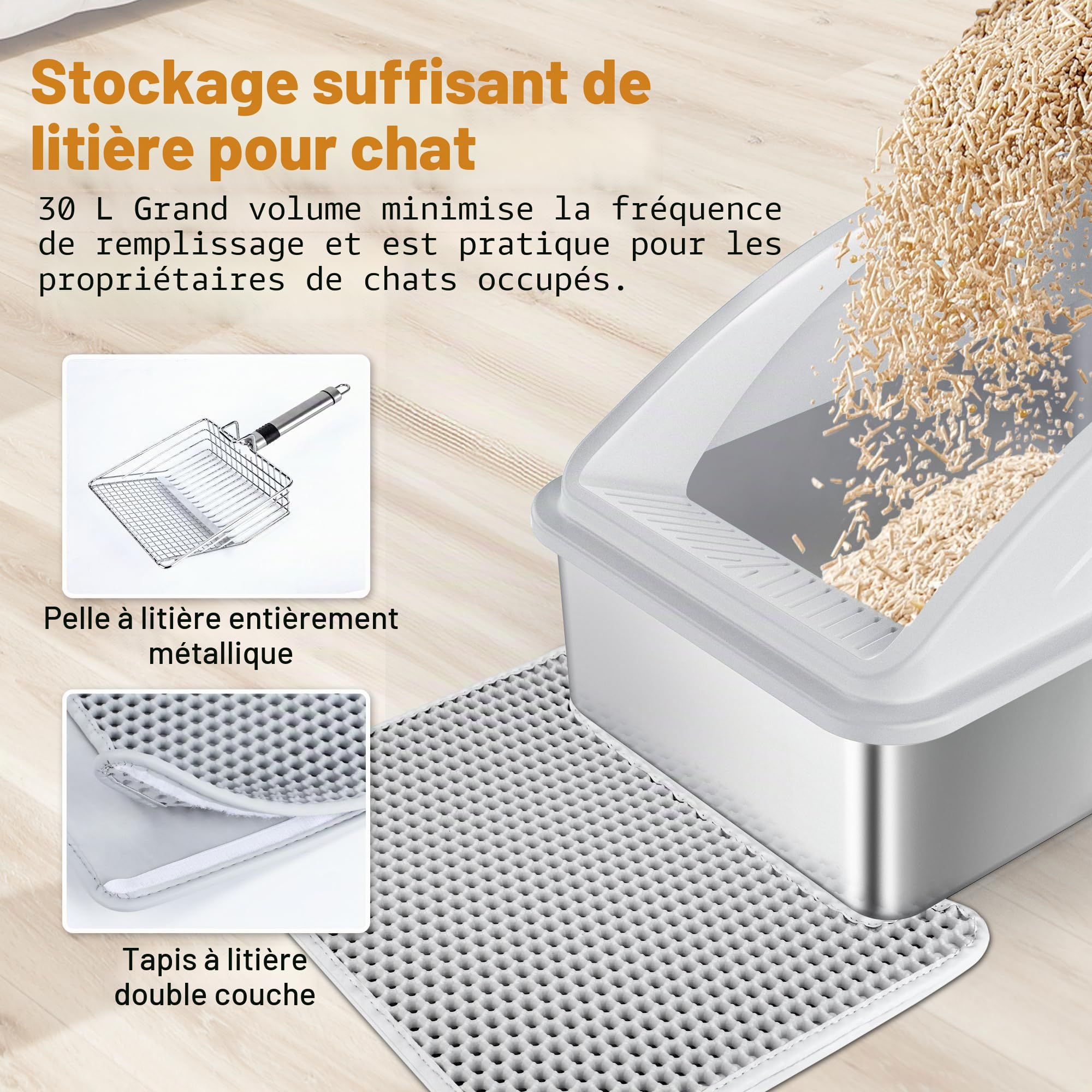 FURTIME Bac à Litière pour Chat, XXL Bac Litiere en Acier Inoxydable, Design Ouvert Facile à Nettoyer, avec 30 L Grande Capacité, avec Pelle à Litière en Acier, 58 x 37 x 28.5 cm