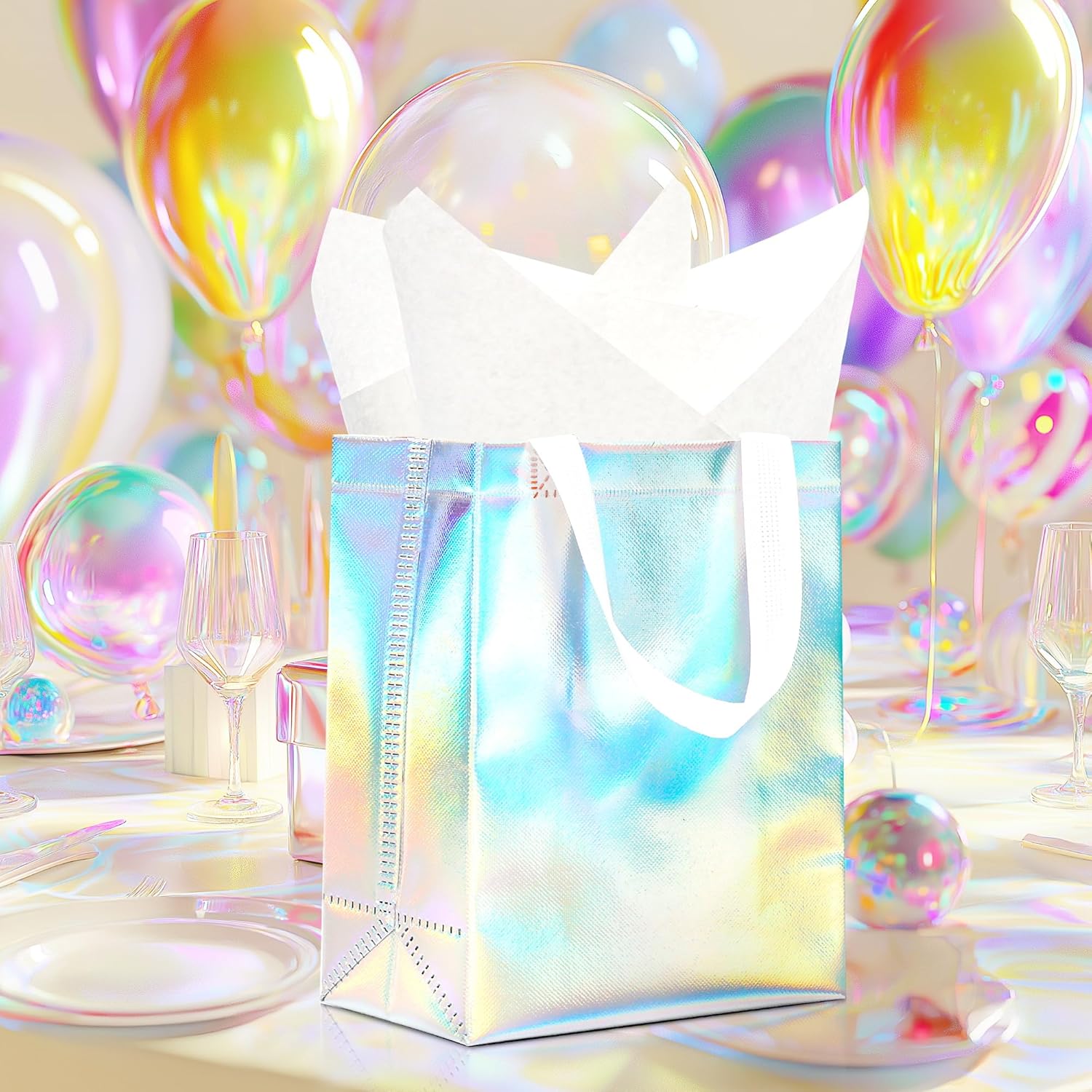 KeerxunBag 12pcs Reusable Gift Bags（Includes Tissue Paper） Gift bag with handle Birthdays Parties Holidays Weddings Medium 10x4x8in holographic Gift Bags - Image 7