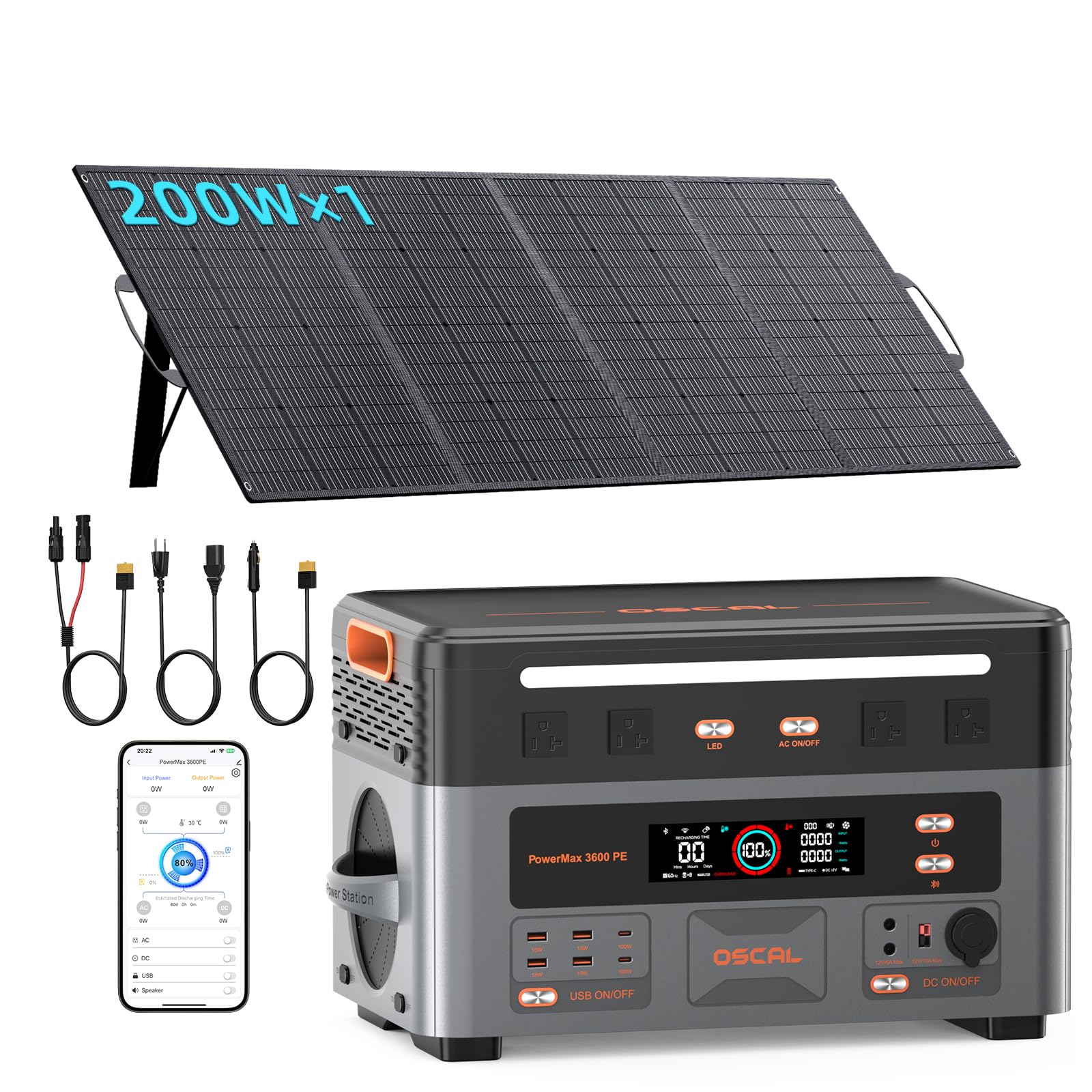 OSCAL 3600W Centrale Elettrica Portatile PowerMax 3600PE con 1 Pannello 200W, 2016Wh Generatore Solare con Batteria LiFePO4, Ricarica 0-80% in 45 min, APP, UPS, Power Station per Campeggio/Camper/Casa
