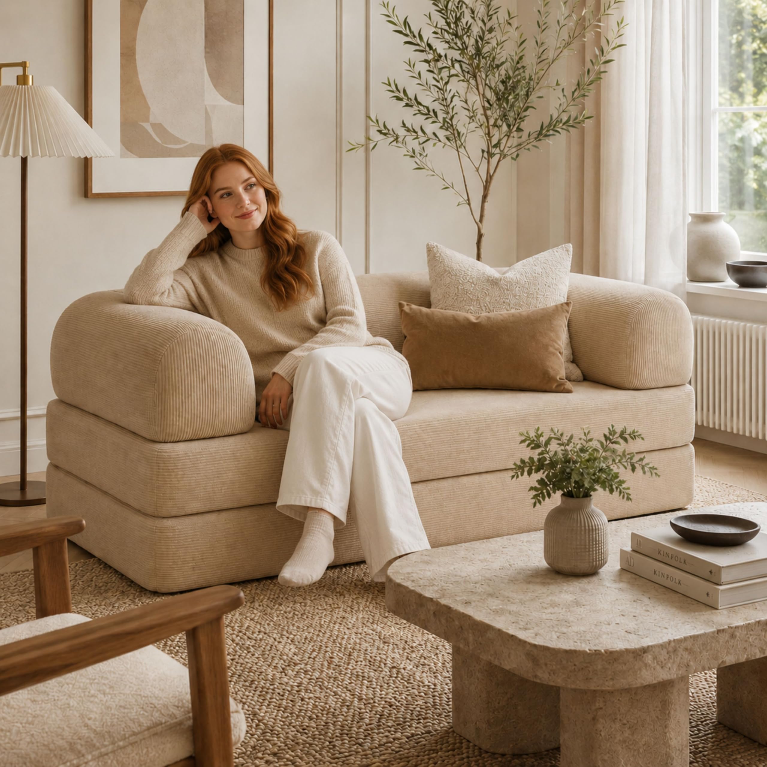 bananair - Sofá Cama de 2 Plazas Fabricado en Francia - Sofá Modular de Espuma de Alta Densidad y Tejido de Pana - Diseño Innovador Boneless, Enviado Comprimido (Beige)